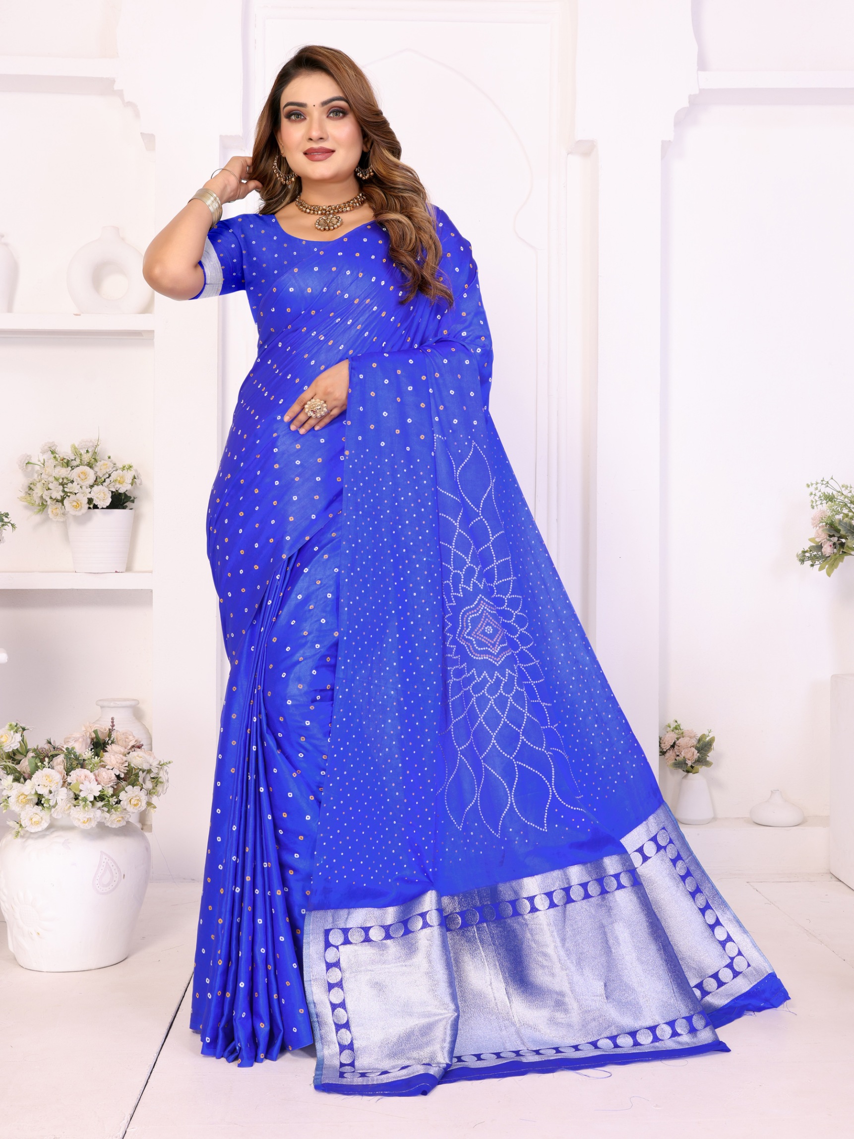Blue Bandhej Weaving Satin Silk Saree