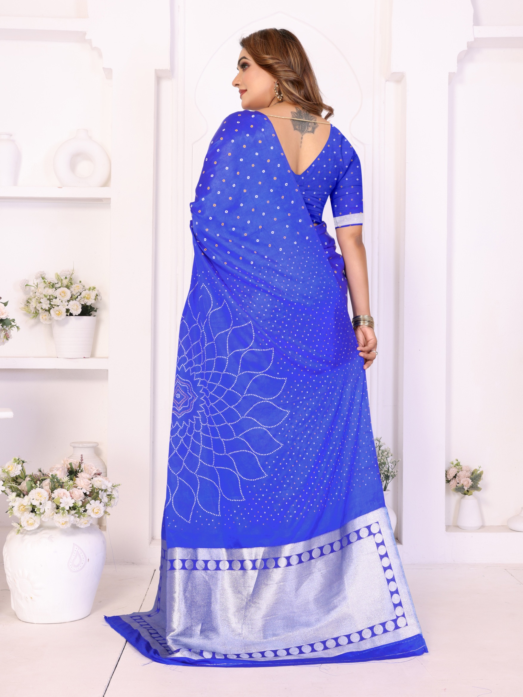 Blue Bandhej Weaving Satin Silk Saree — alternate view