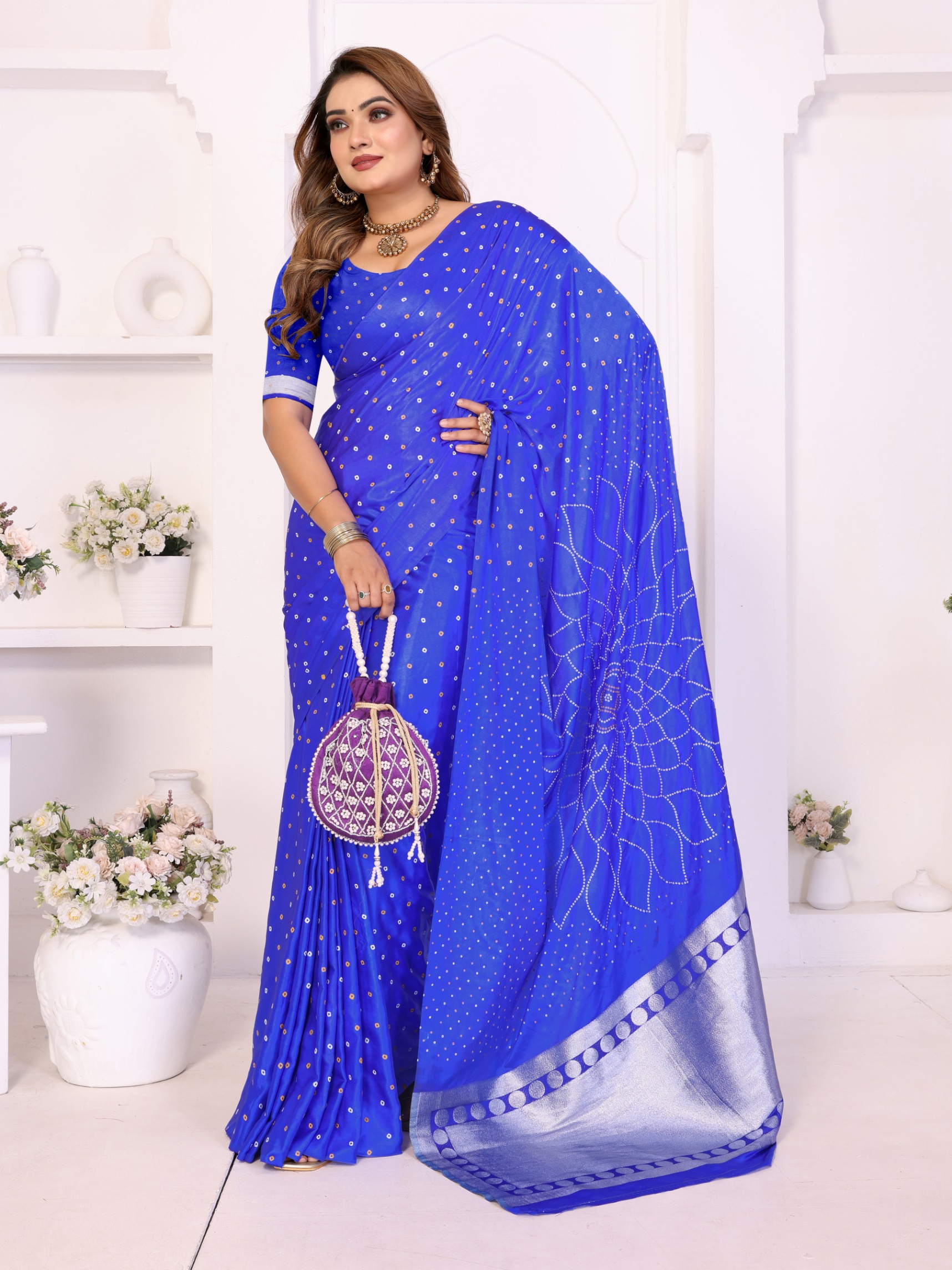 Blue Bandhej Weaving Satin Silk Saree