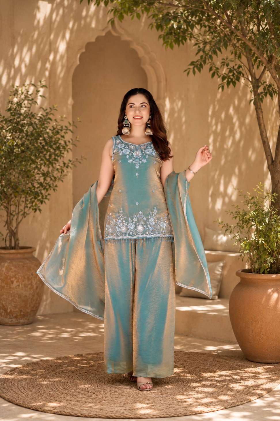 Blue Bead Work Fendy Satin Palazzo Suit