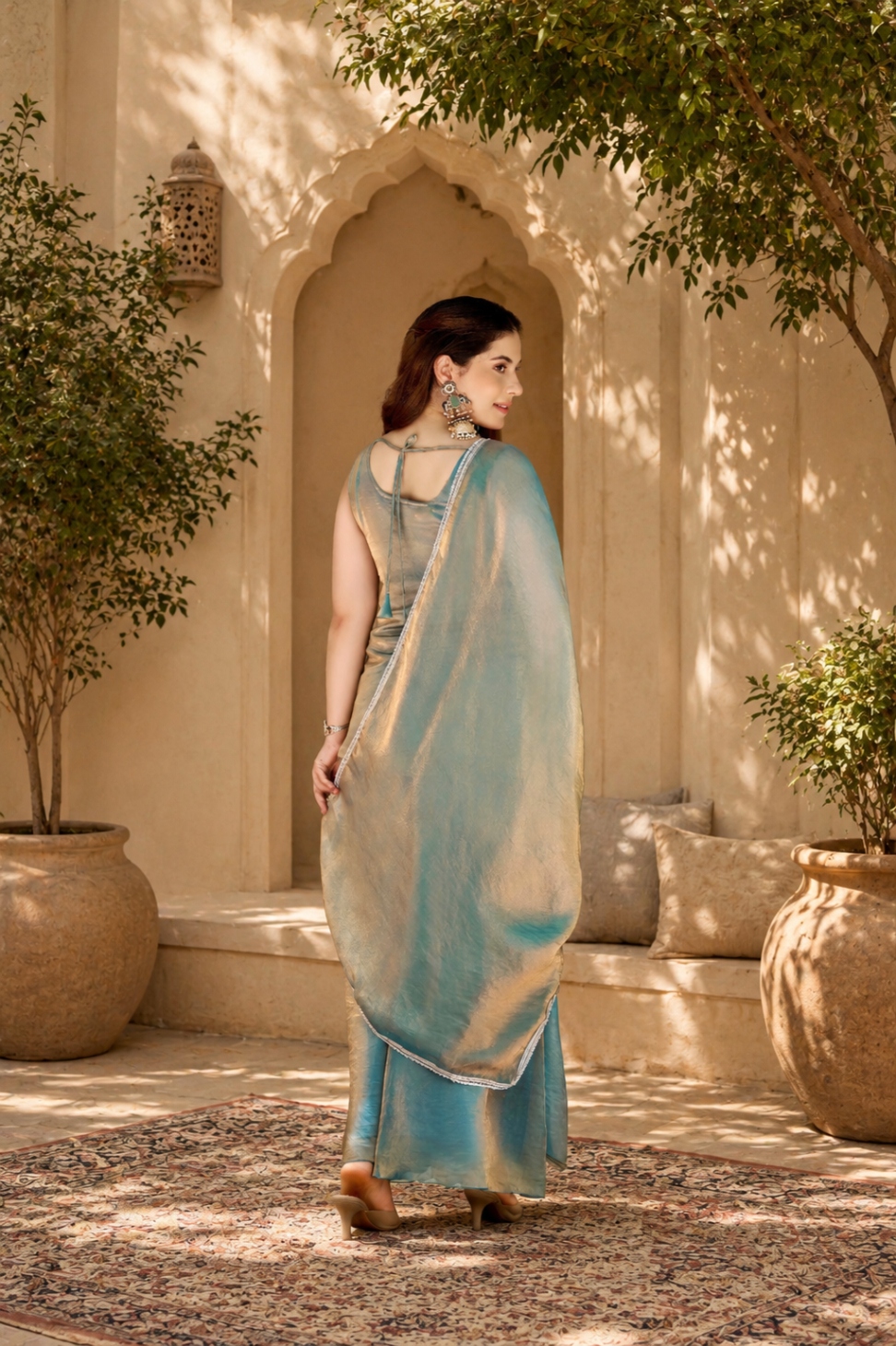 Blue Bead Work Fendy Satin Palazzo Suit — alternate view