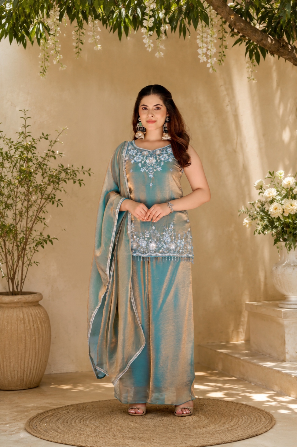 Blue Bead Work Fendy Satin Palazzo Suit