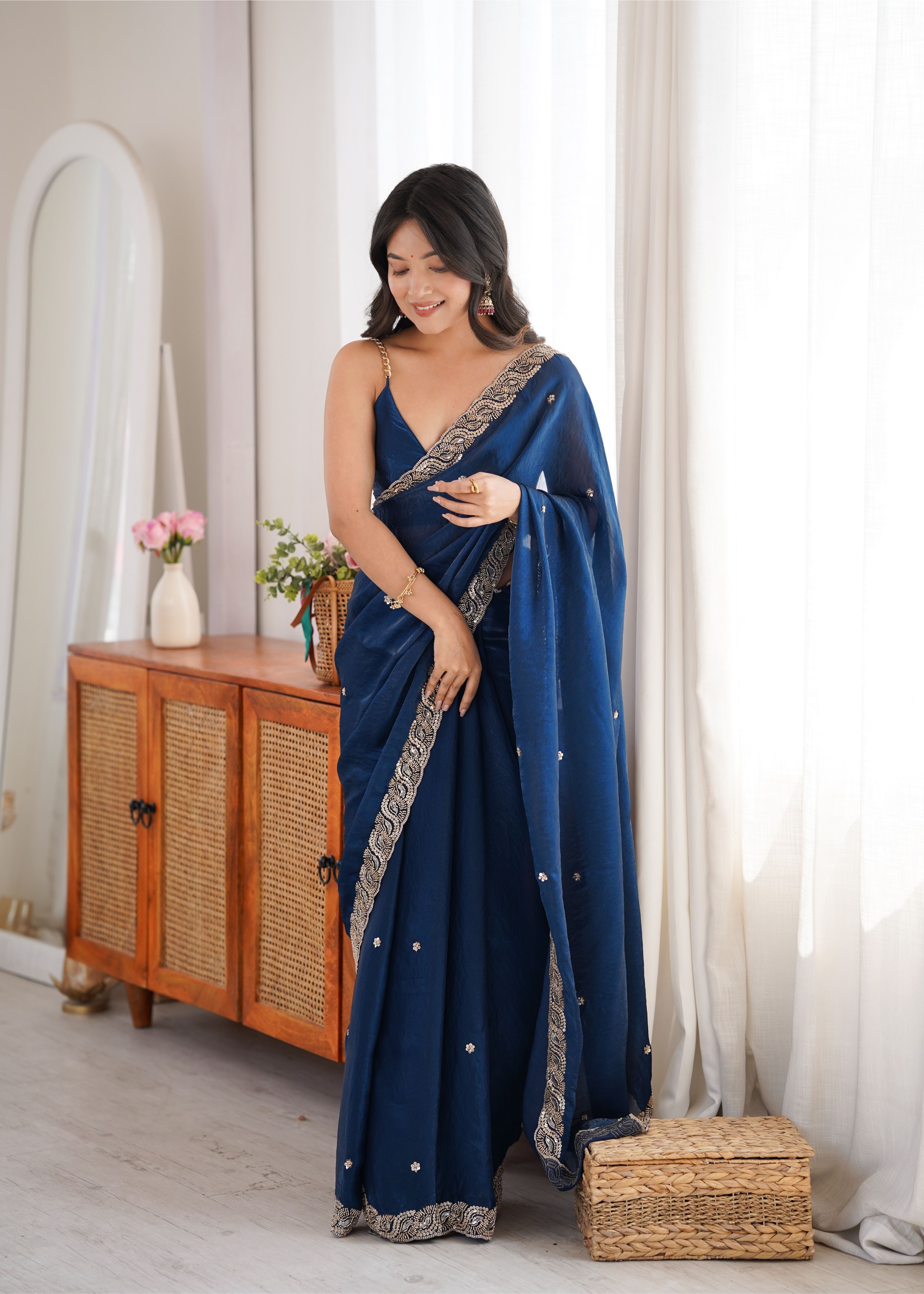 Blue Beads Pearl Fendy Satin Saree