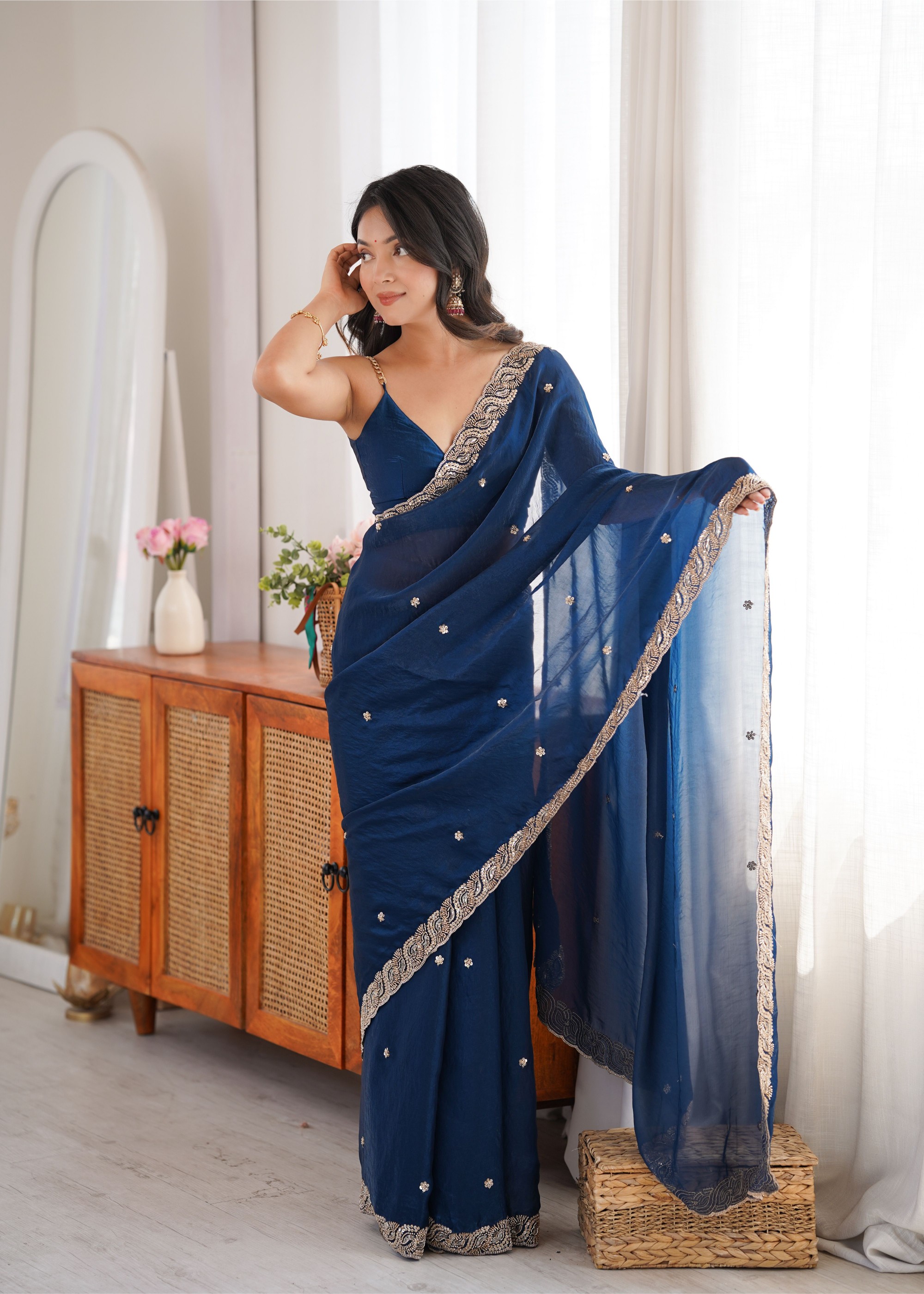 Blue Beads Pearl Fendy Satin Saree — alternate view