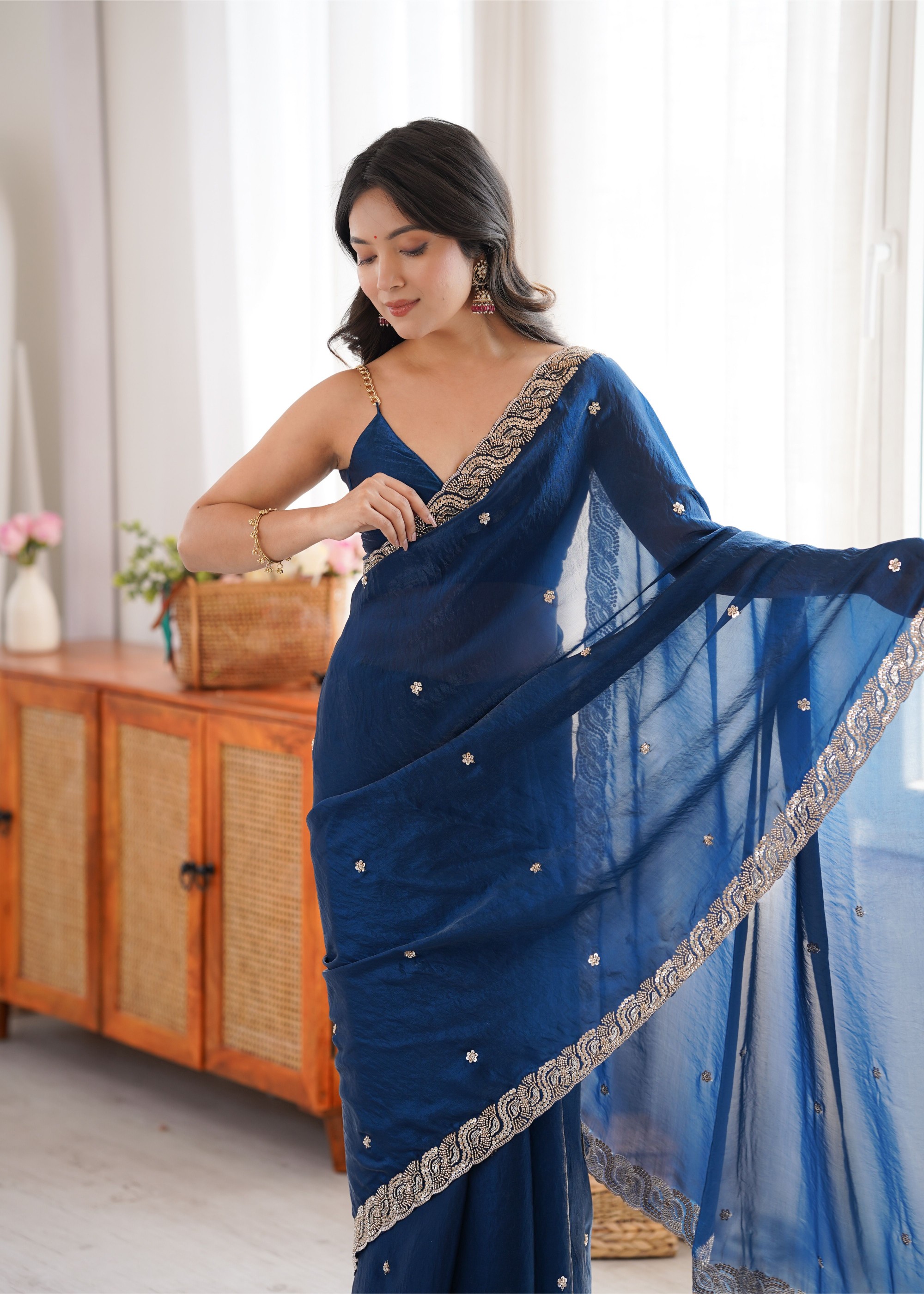 Blue Beads Pearl Fendy Satin Saree