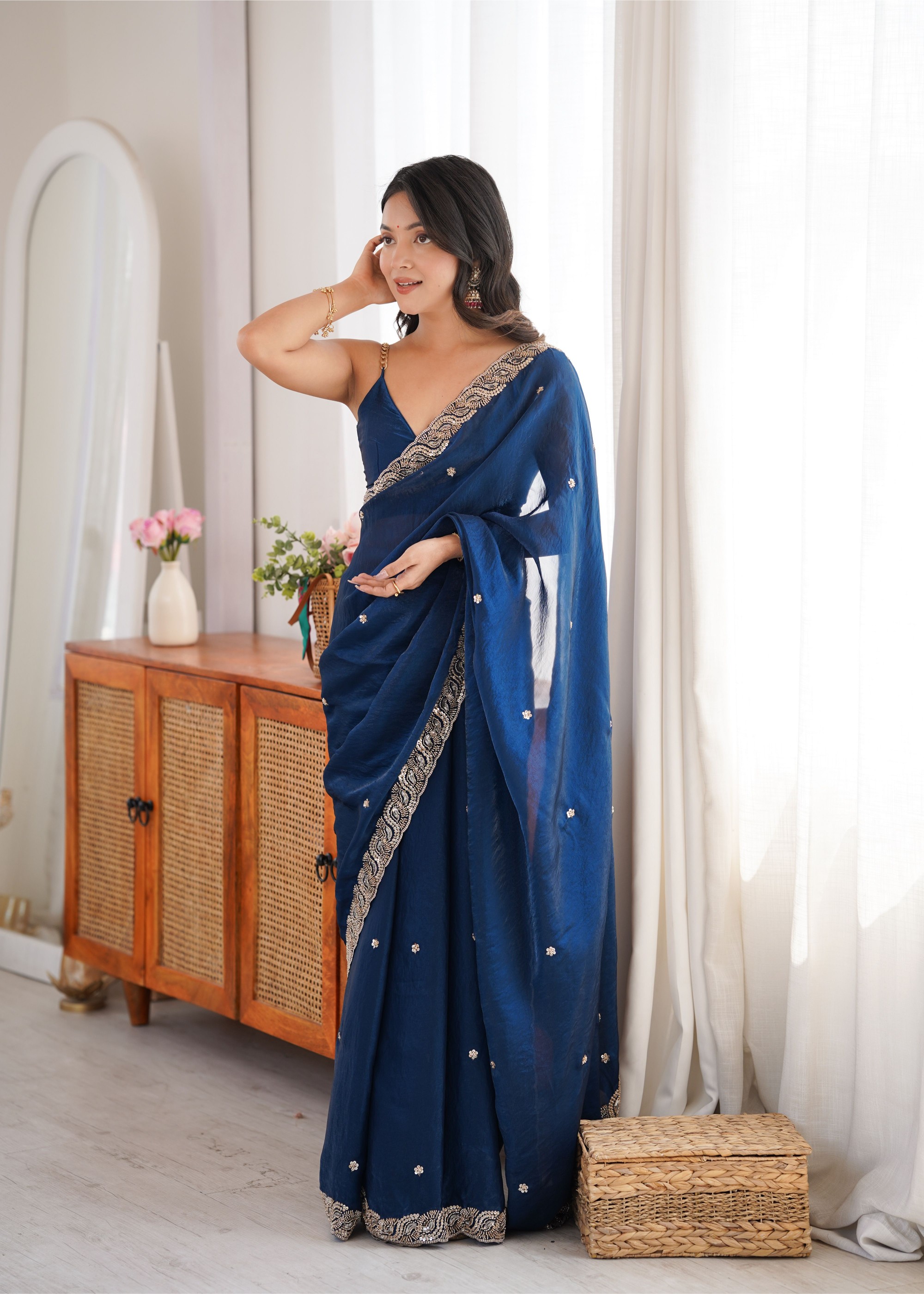 Blue Beads Pearl Fendy Satin Saree