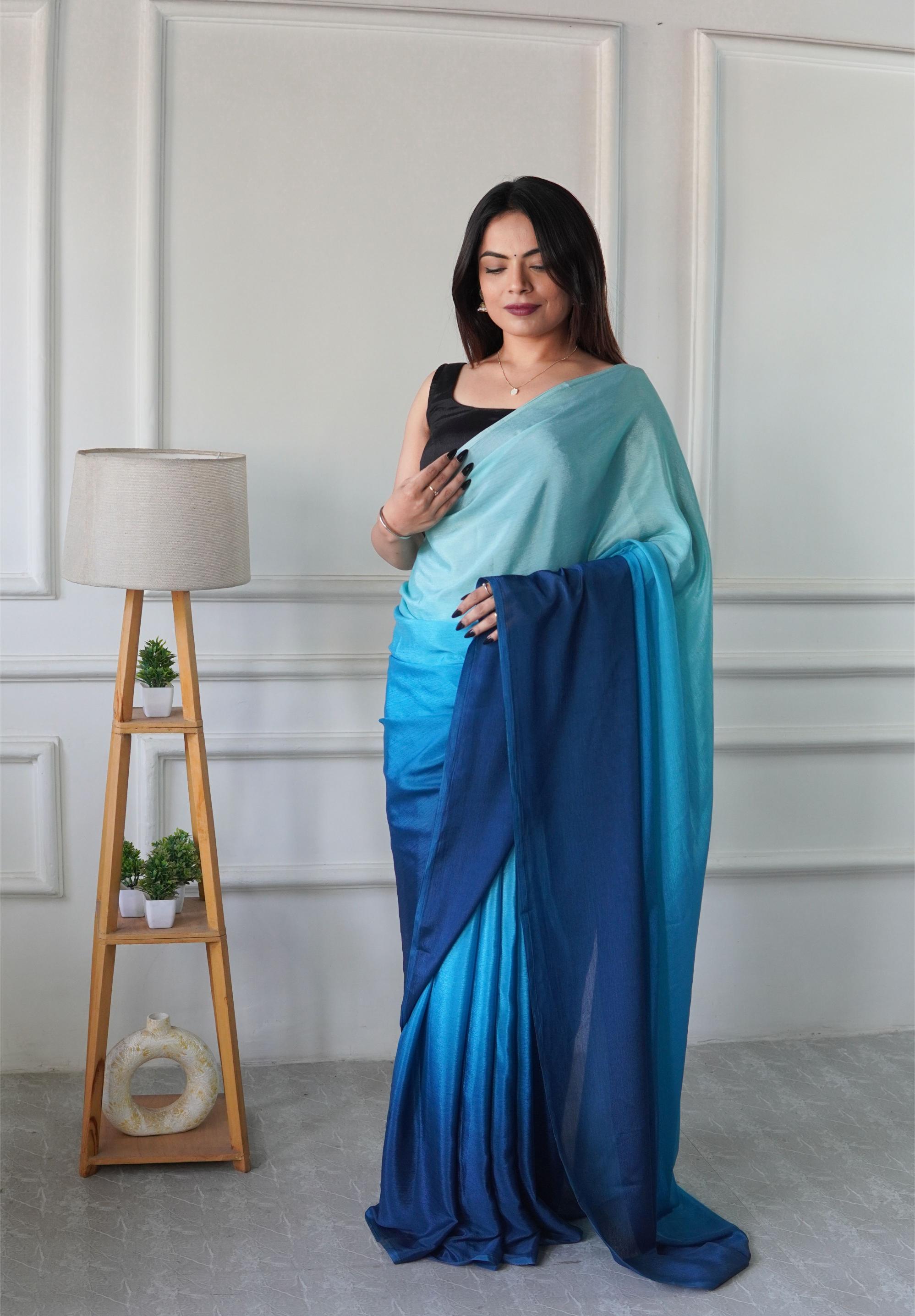 Blue Black Chinnon Ready To Wear Saree