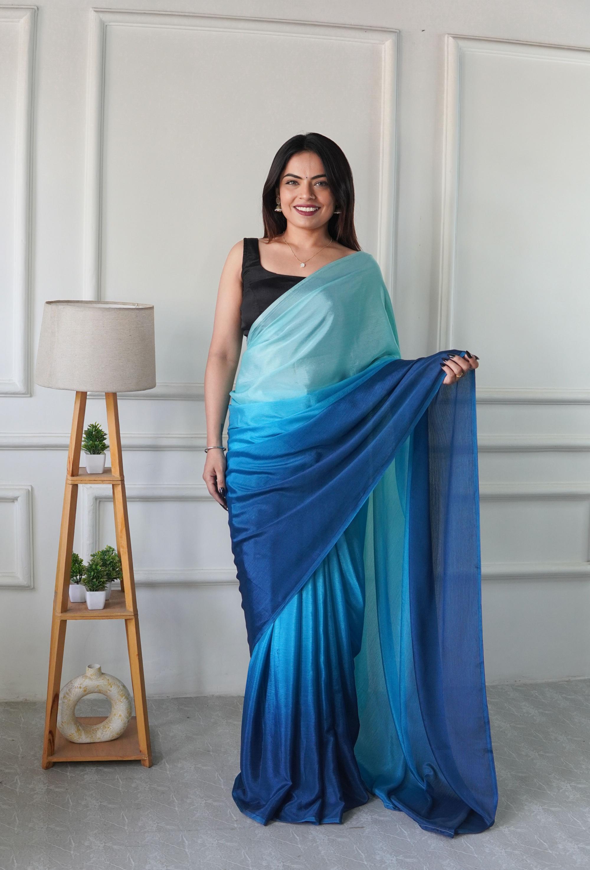 Blue Black Chinnon Ready To Wear Saree — alternate view