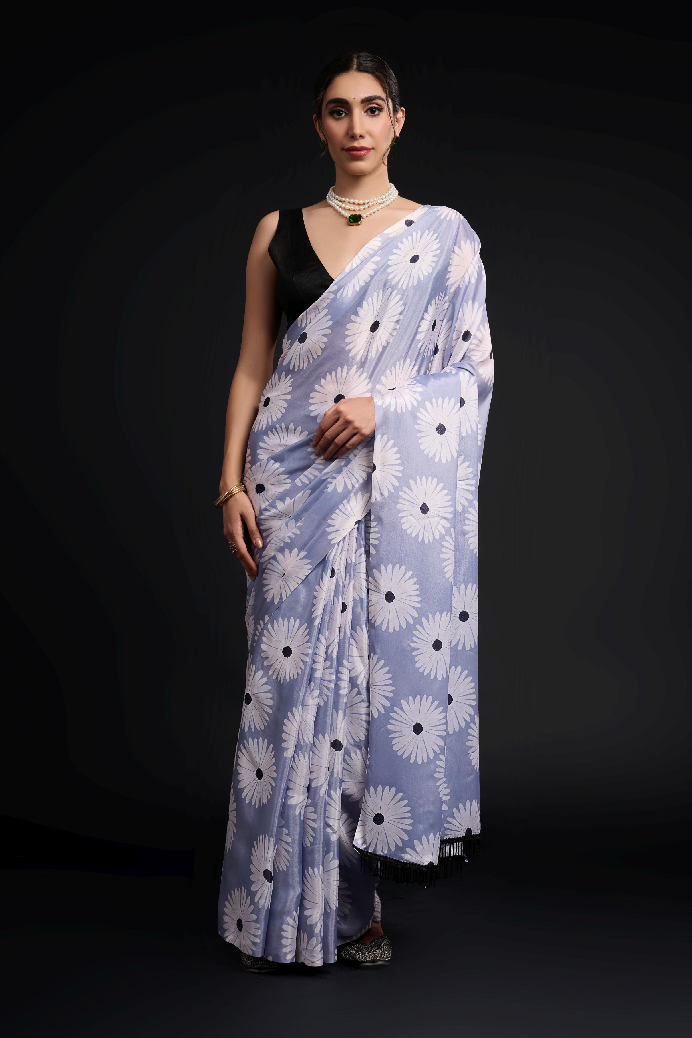 Blue Black Digital Printed Chinon Ready-to-Wear Saree