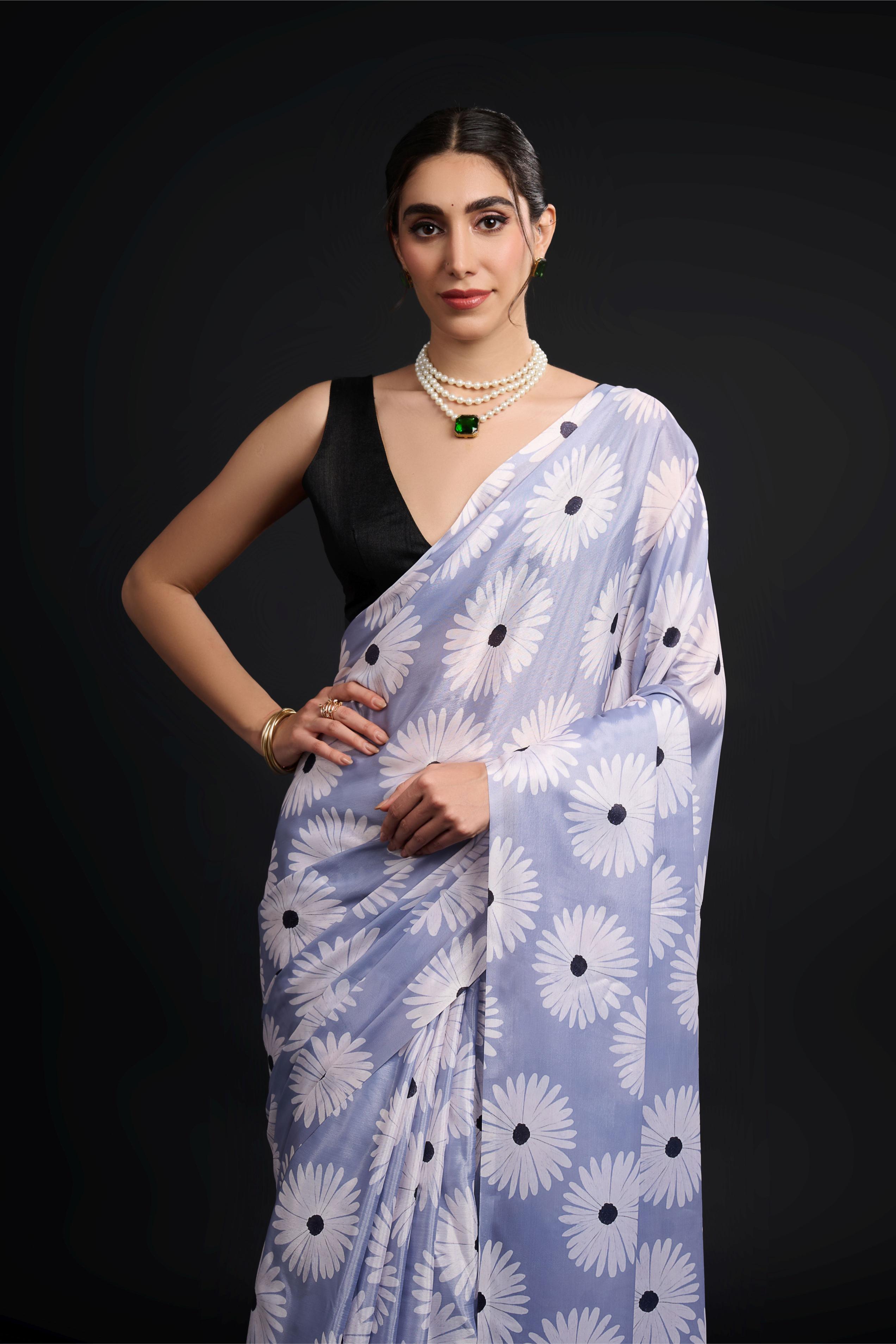 Blue Black Digital Printed Chinon Ready-to-Wear Saree — alternate view