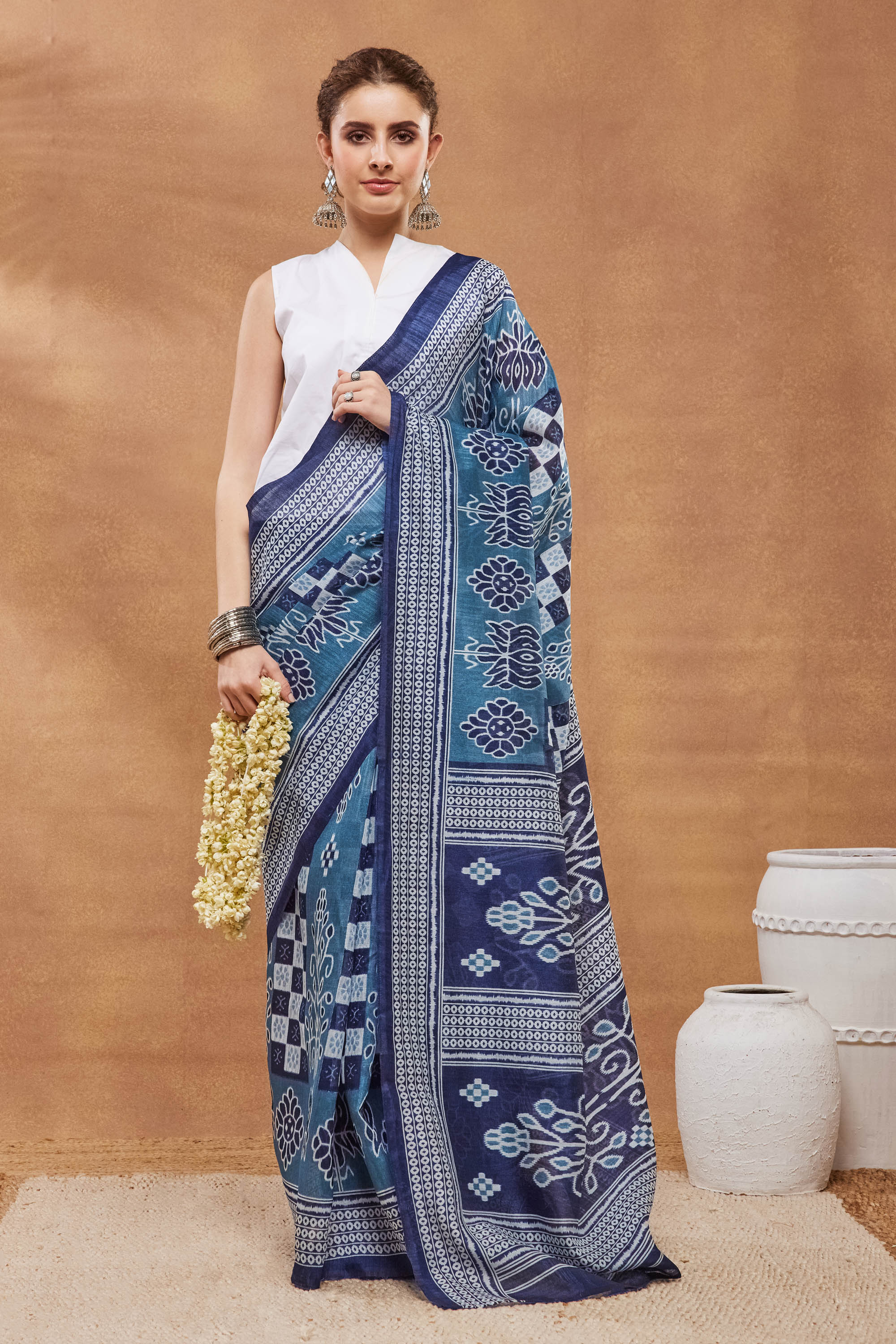 Blue Block Print Silk Blend Saree