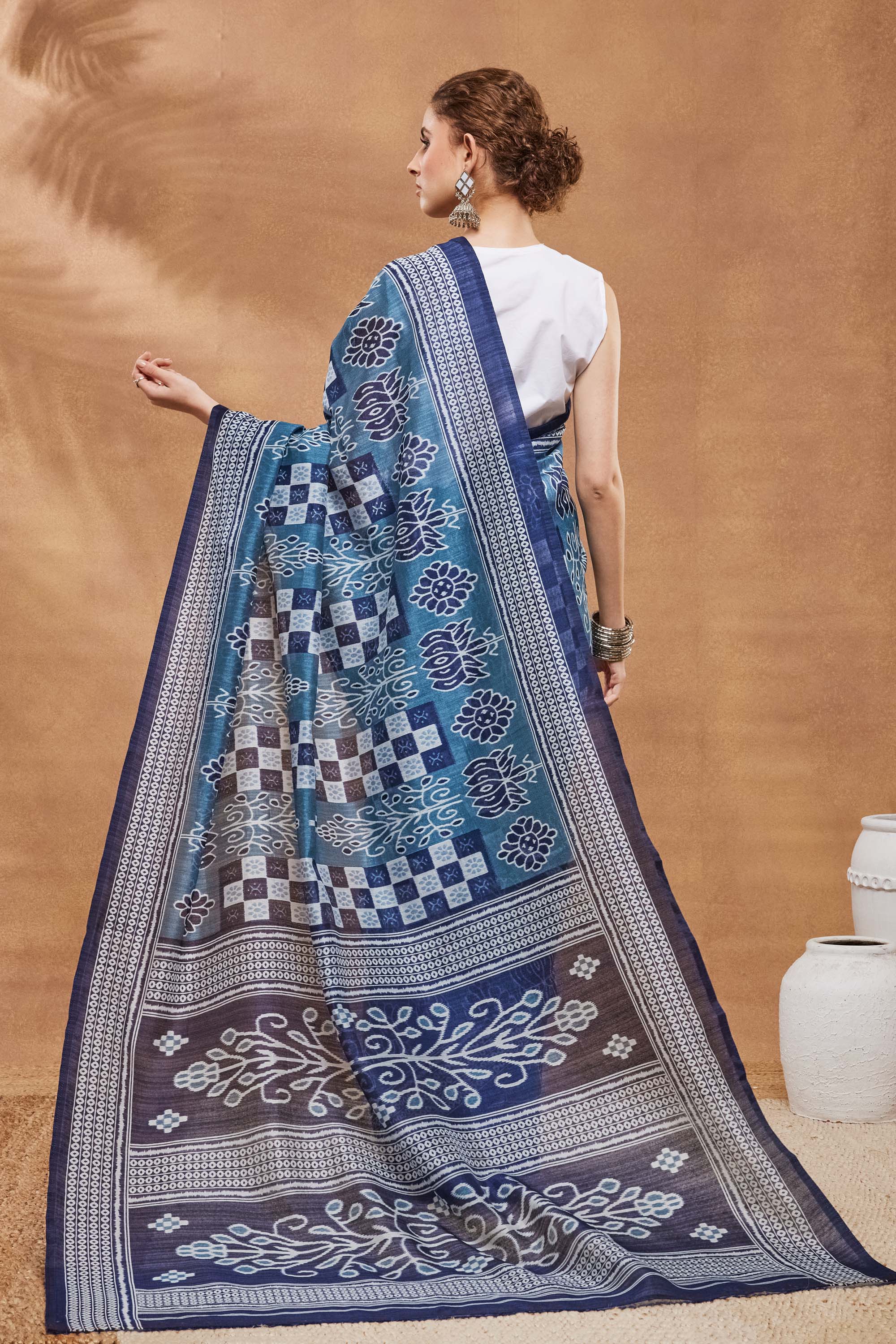 Blue Block Print Silk Blend Saree — alternate view