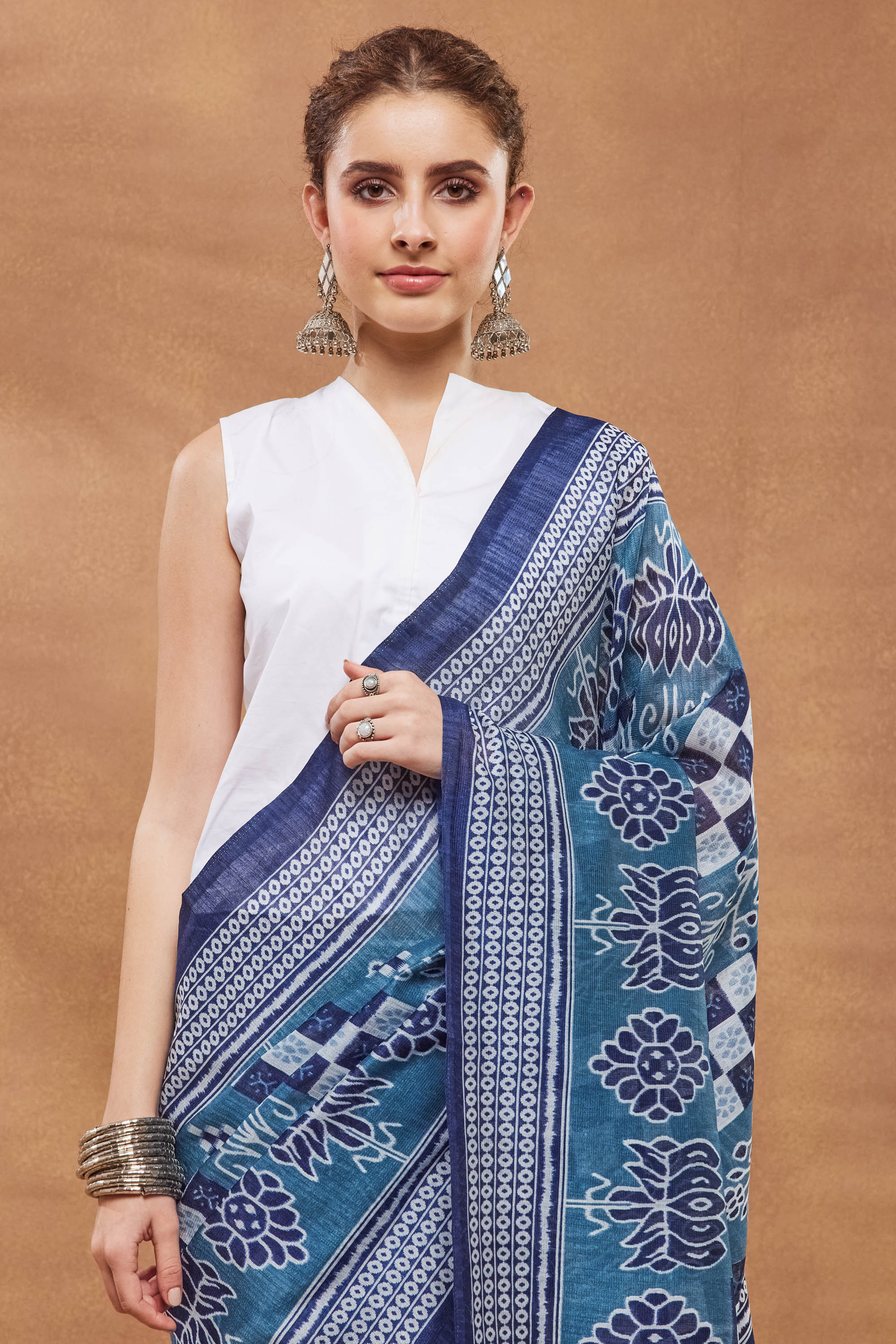 Blue Block Print Silk Blend Saree