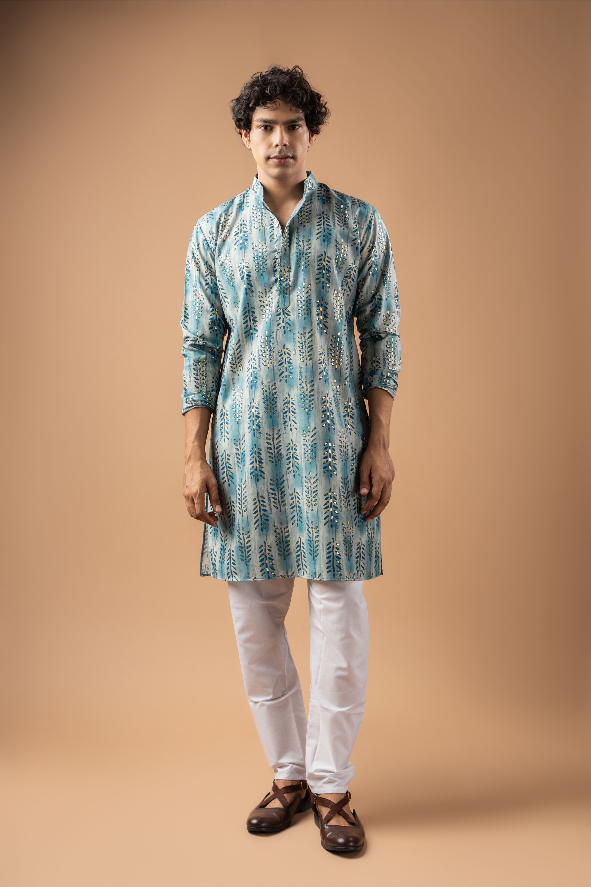 Blue Botanical Foil Print Magnet Kurta Pyjama