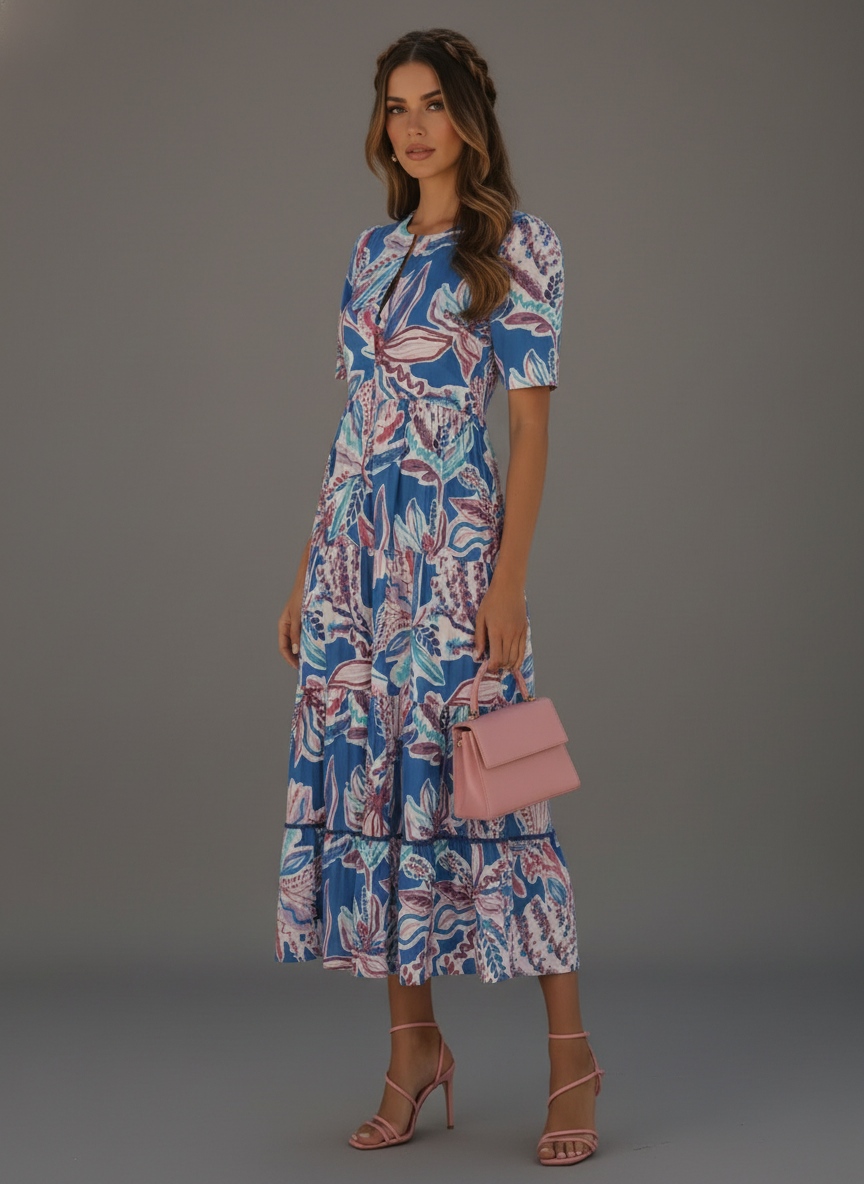 Blue Botanical Printed Rayon Contemporary Dress