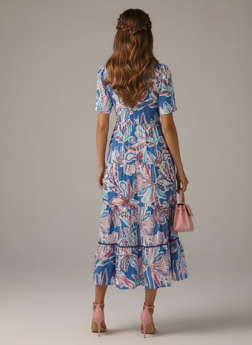 Blue Botanical Printed Rayon Contemporary Dress — alternate view