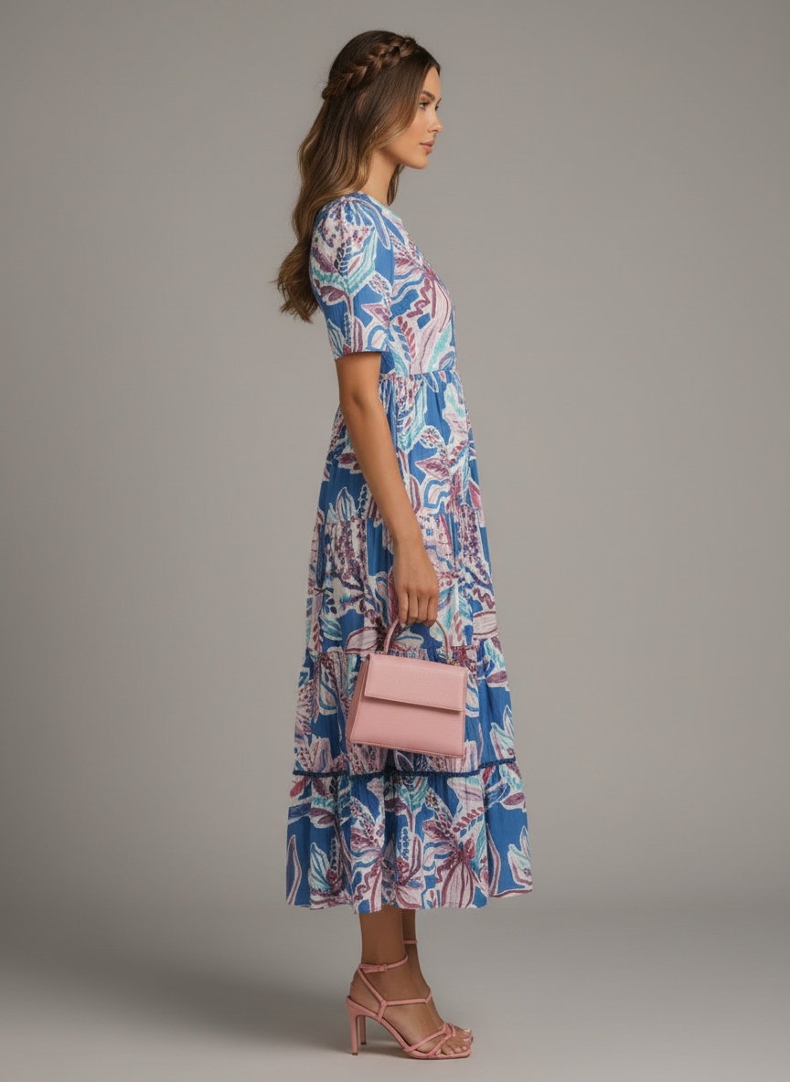 Blue Botanical Printed Rayon Contemporary Dress