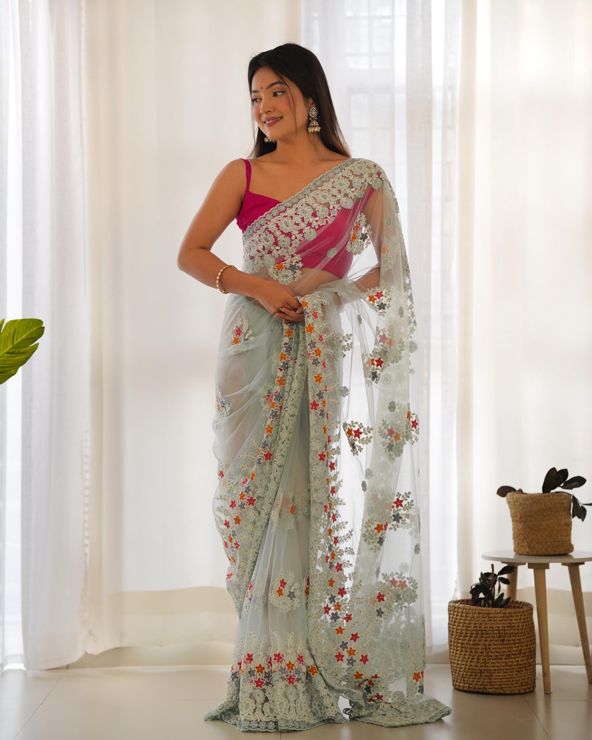 Blue Butterfly Net Saree