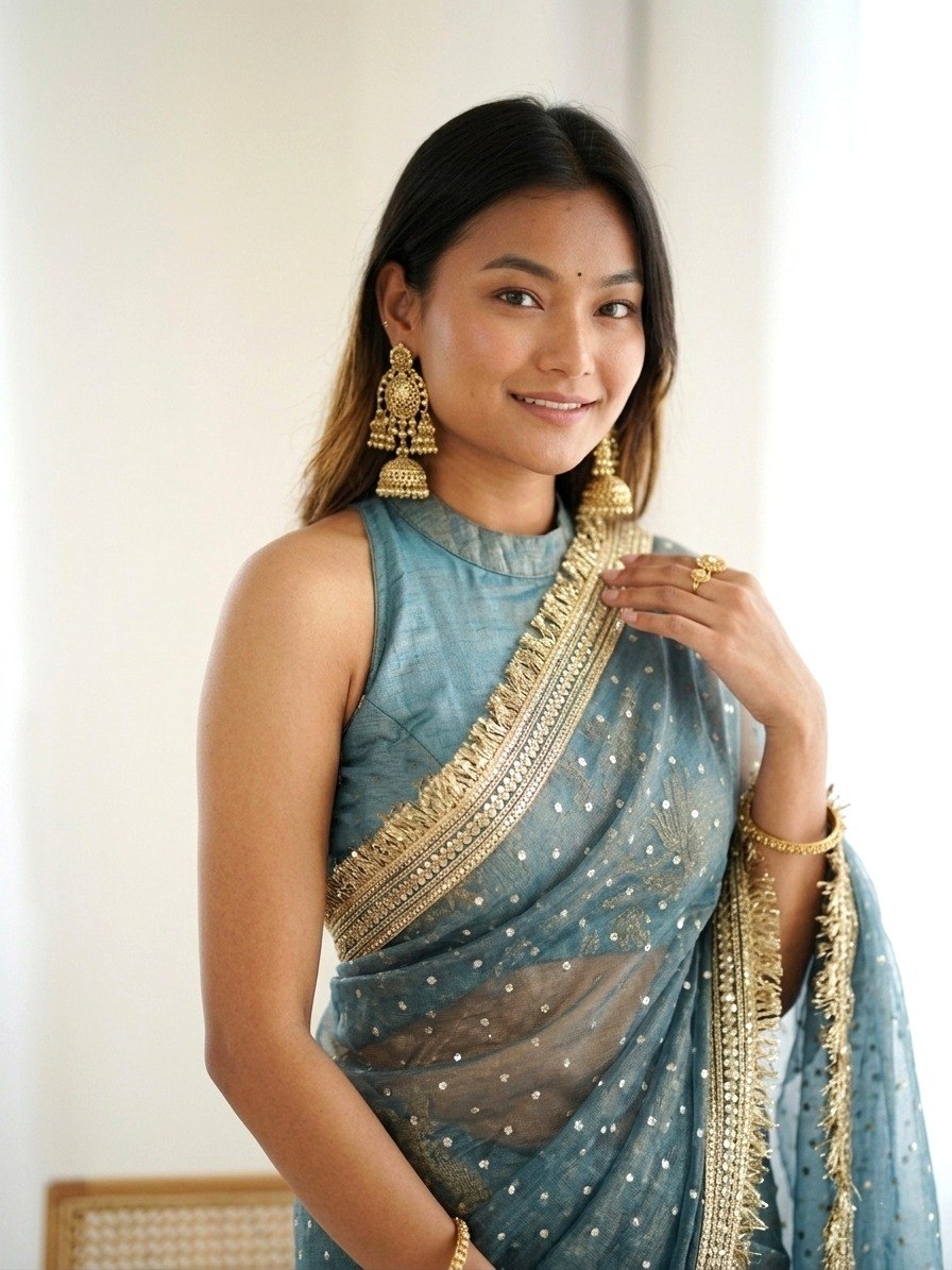 Blue Butti Lace Border Silk Saree — alternate view