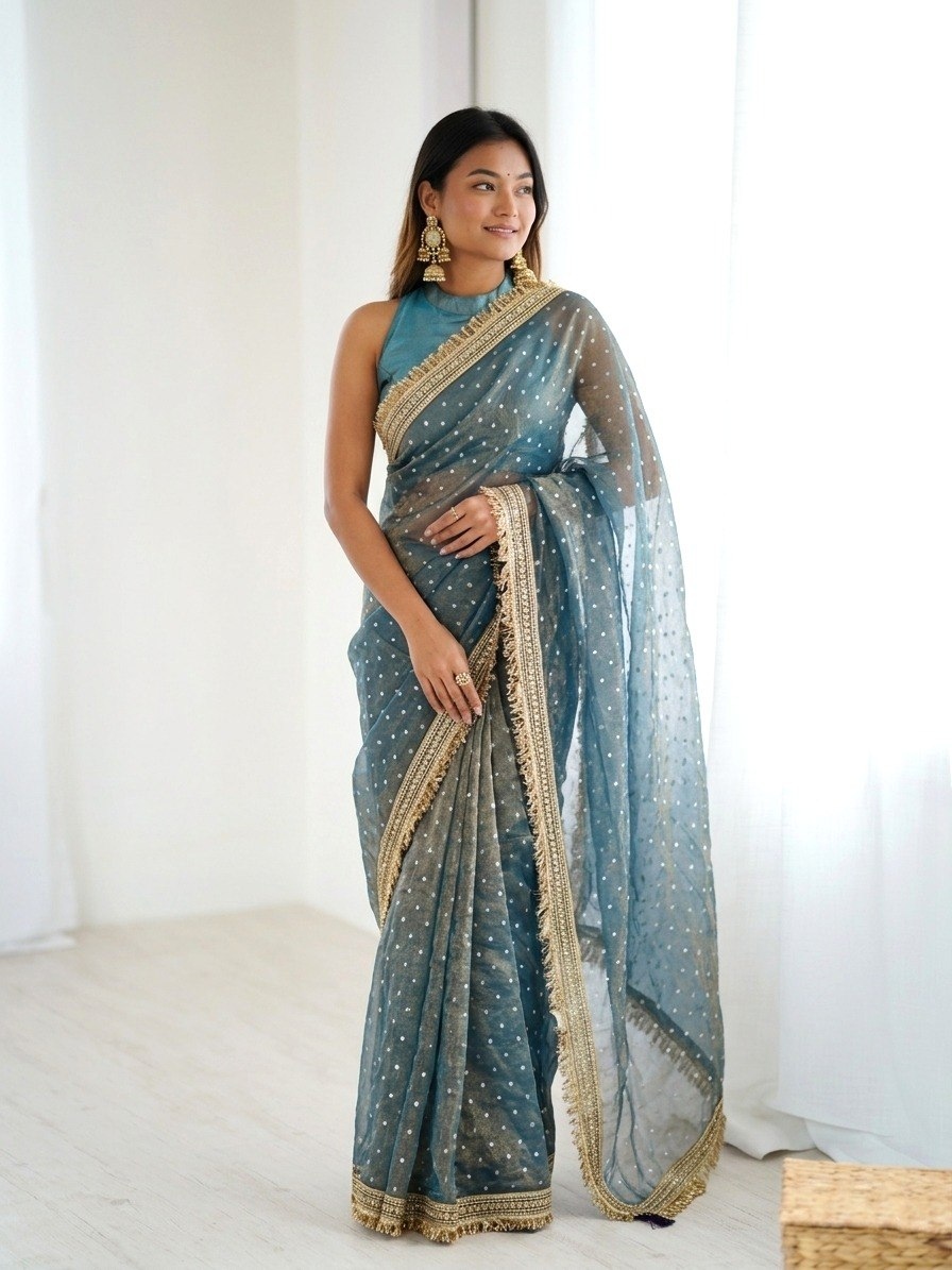 Blue Butti Lace Border Silk Saree