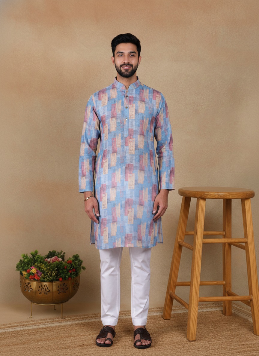 Blue Butti Printed Linen Kurta Pyjama