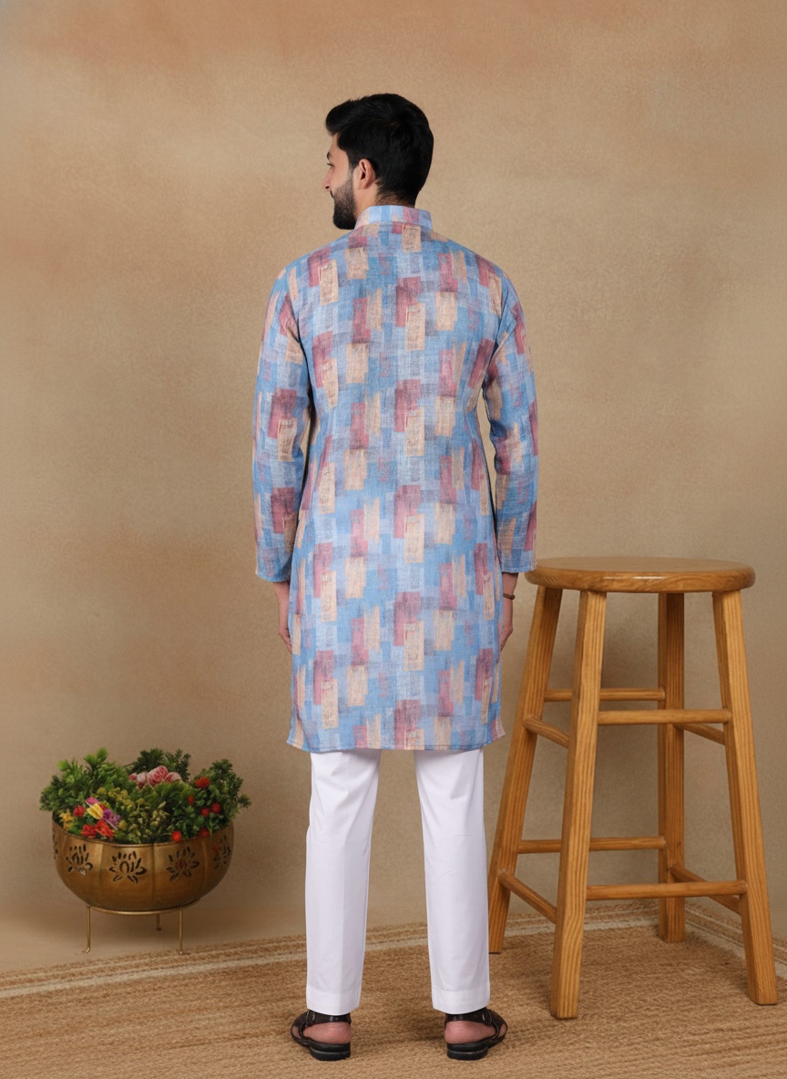 Blue Butti Printed Linen Kurta Pyjama — alternate view