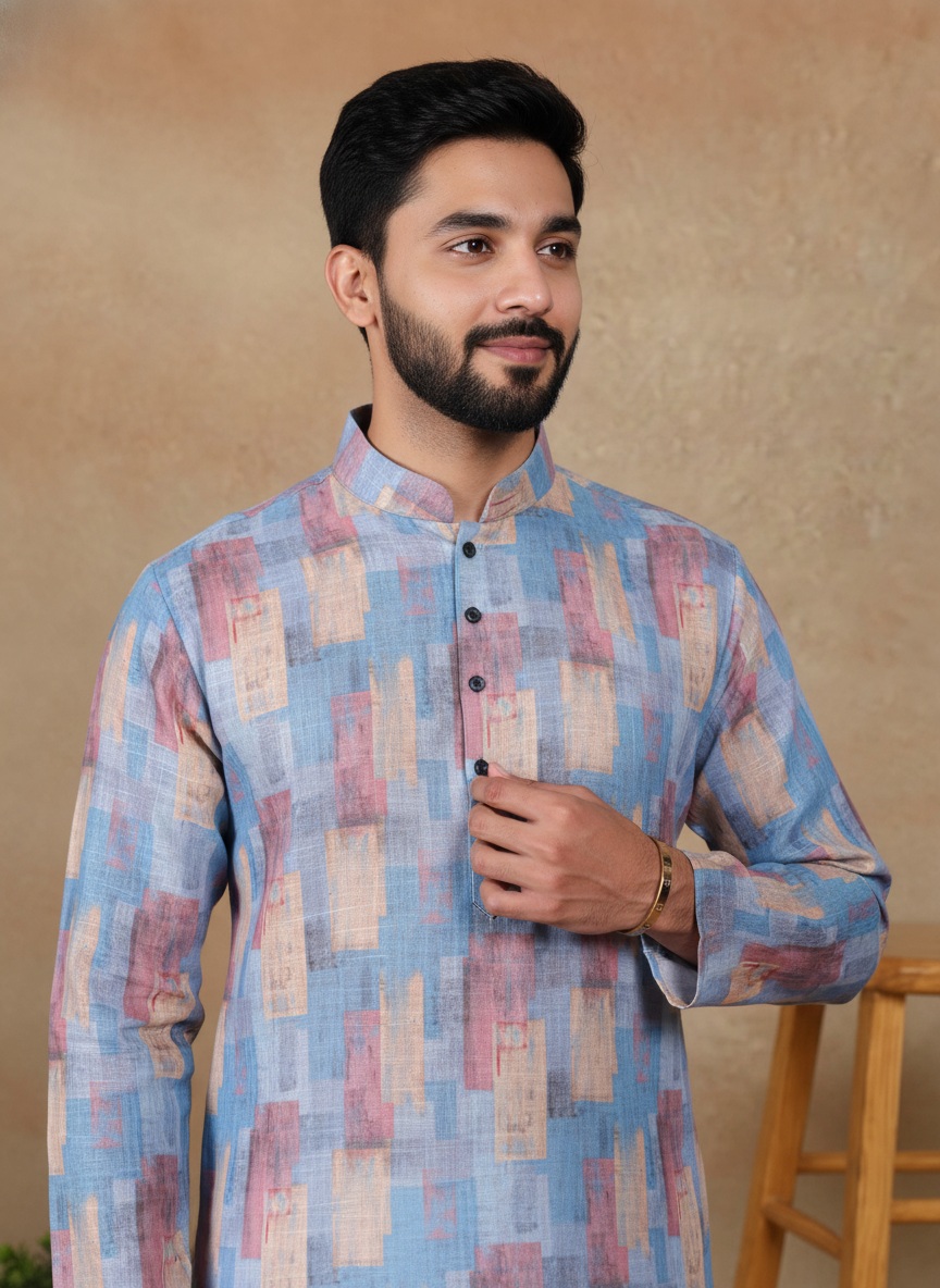 Blue Butti Printed Linen Kurta Pyjama