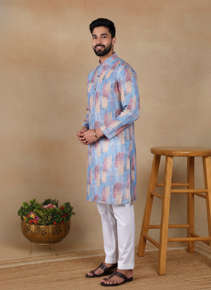 Blue Butti Printed Linen Kurta Pyjama