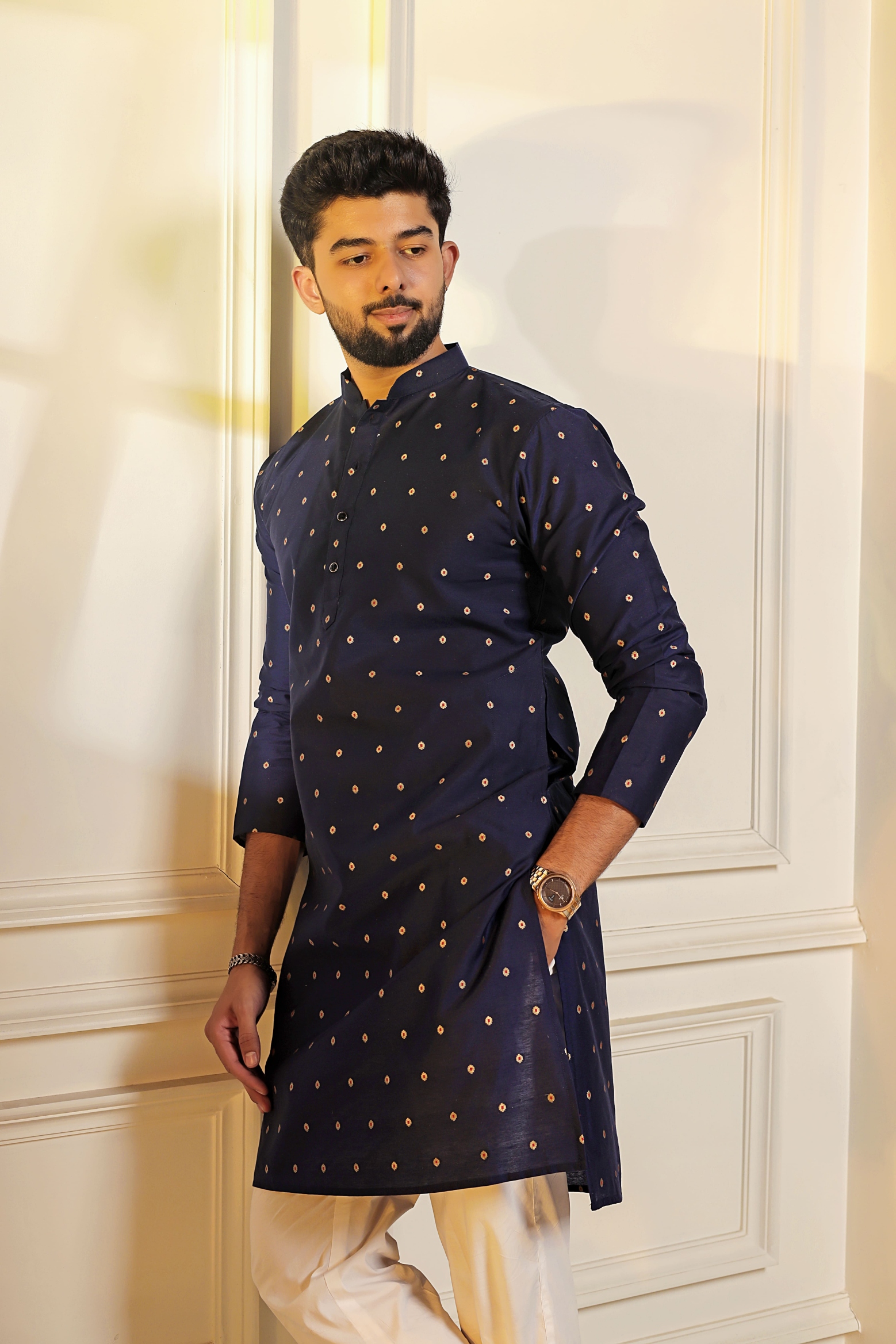 Blue Butti Woven Cotton Kurta Pyjama
