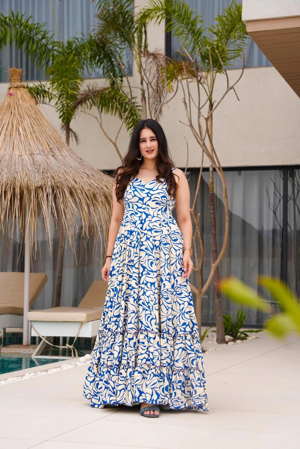 Blue Cambric Cotton Sleeveless Tiered Maxi Gown