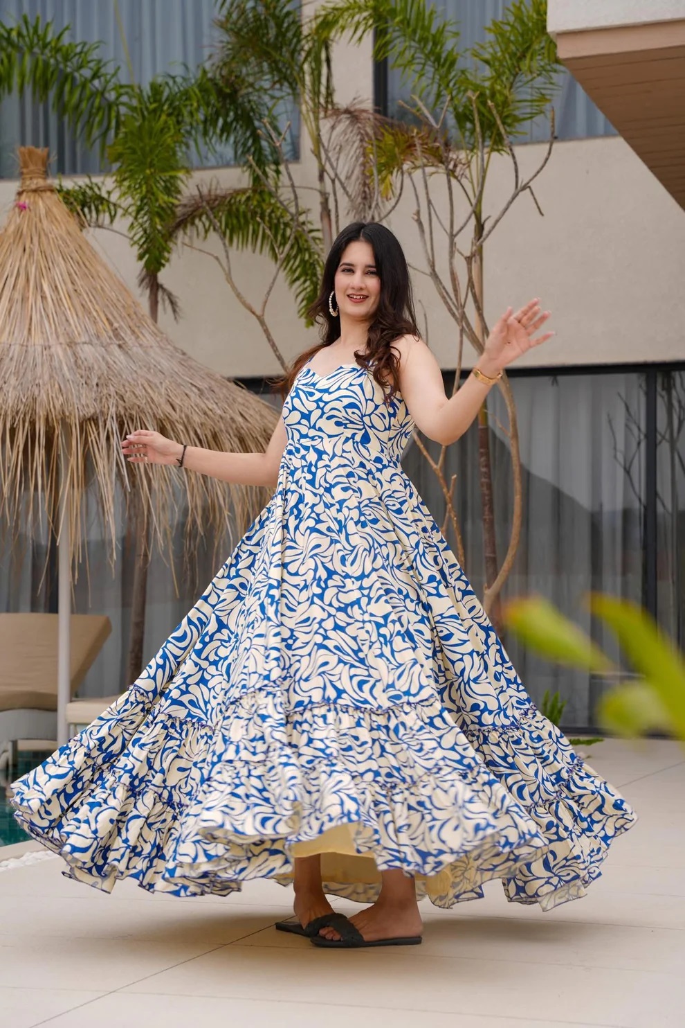 Blue Cambric Cotton Sleeveless Tiered Maxi Gown
