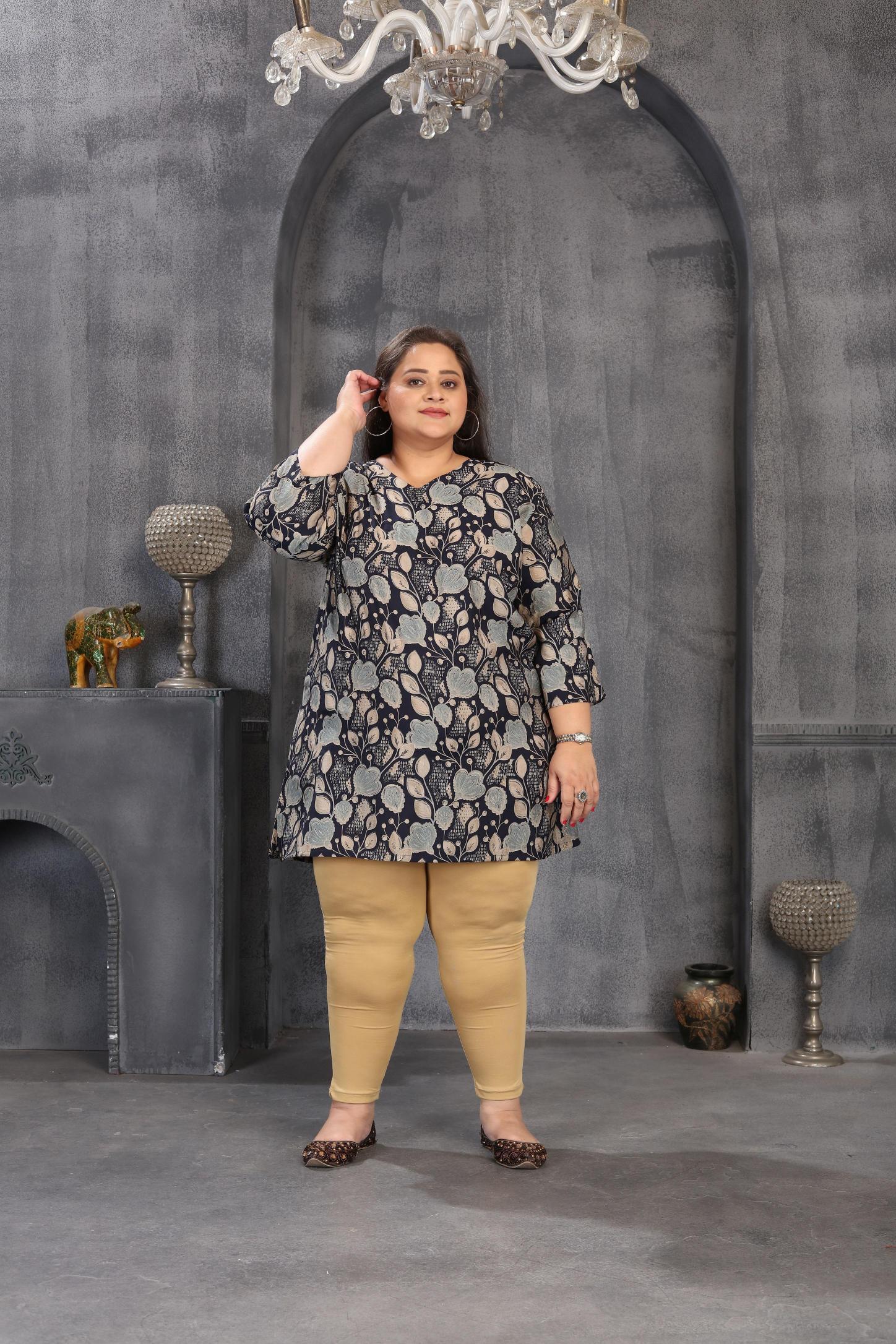 Blue Chanderi Printed Plus Size Kurti
