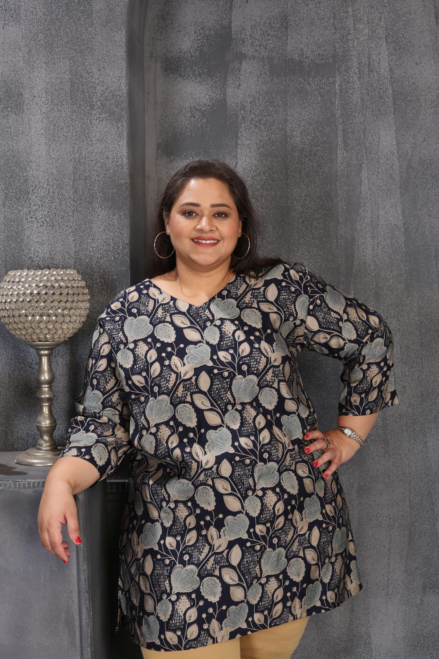 Blue Chanderi Printed Plus Size Kurti