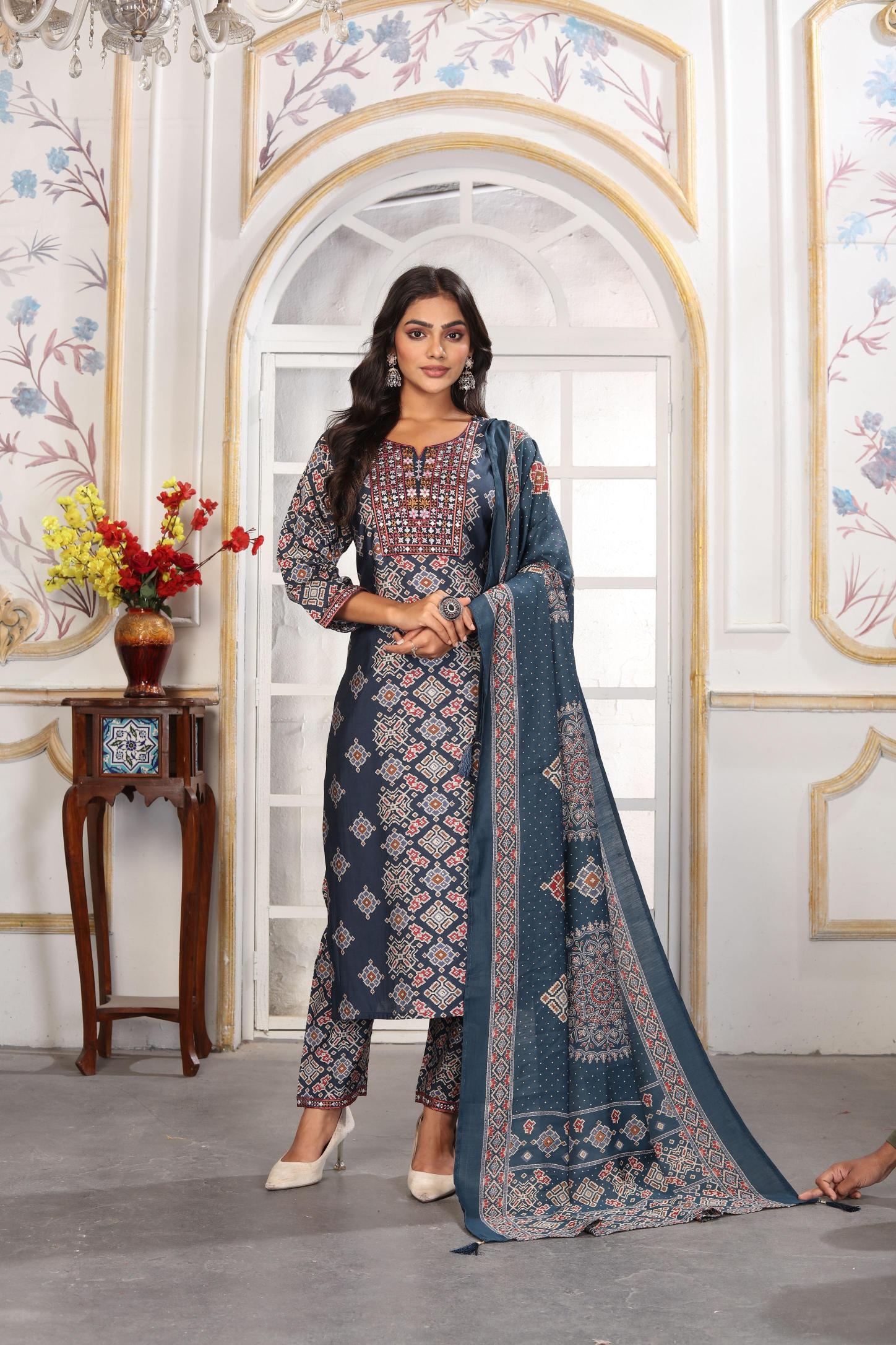 Blue Chanderi Readymade Suits