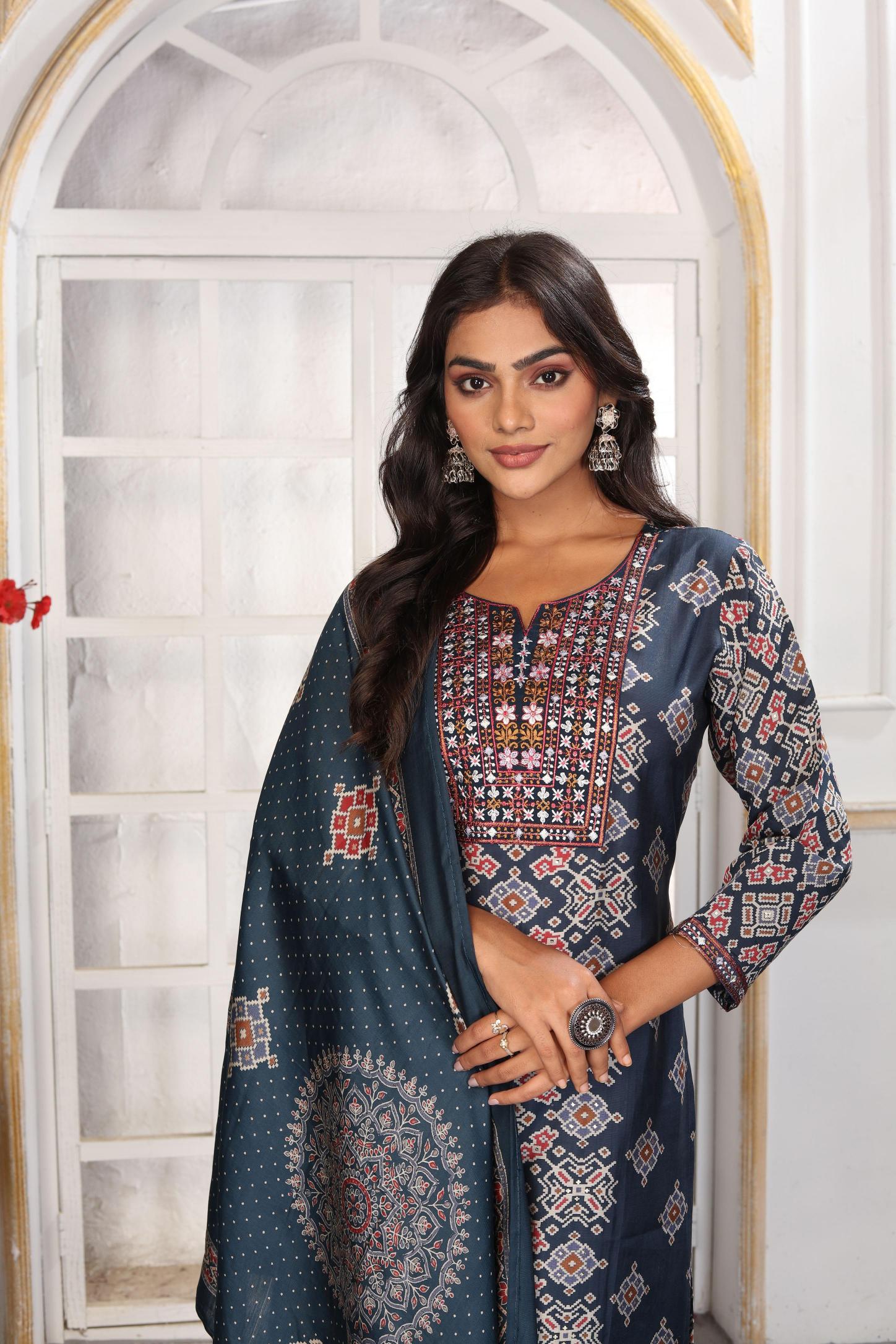 Blue Chanderi Readymade Suits
