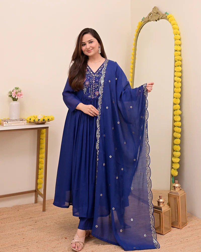 Blue Chanderi Silk Embroidered Salwar