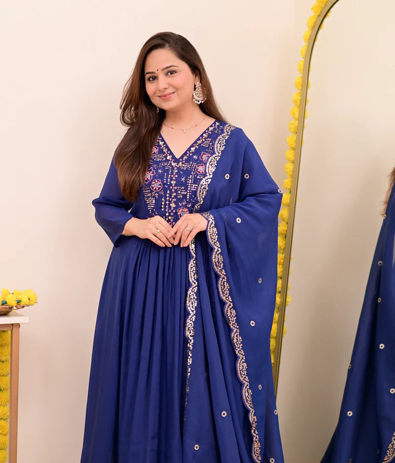 Blue Chanderi Silk Embroidered Salwar