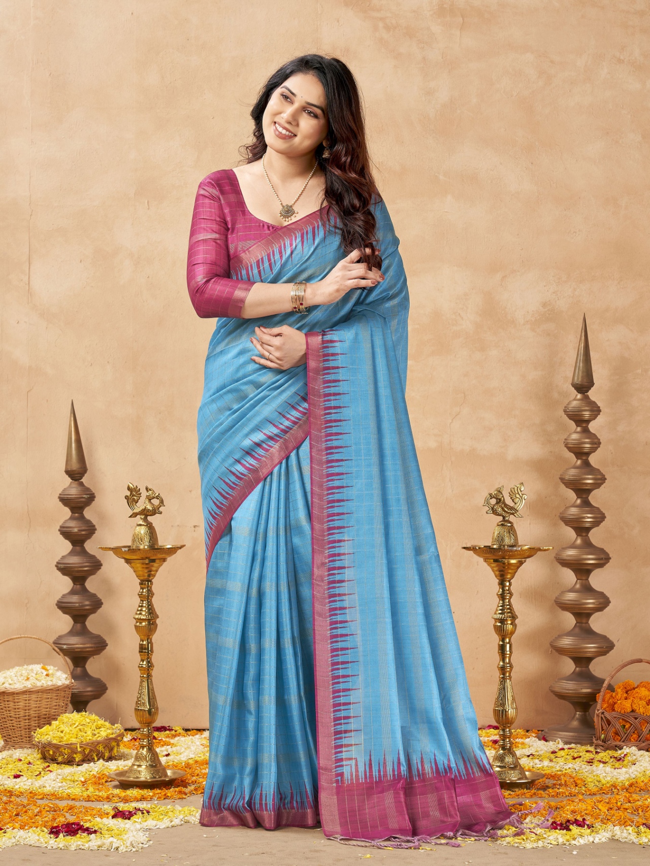 Blue Checked Weaving Zari Tussar Silk Saree
