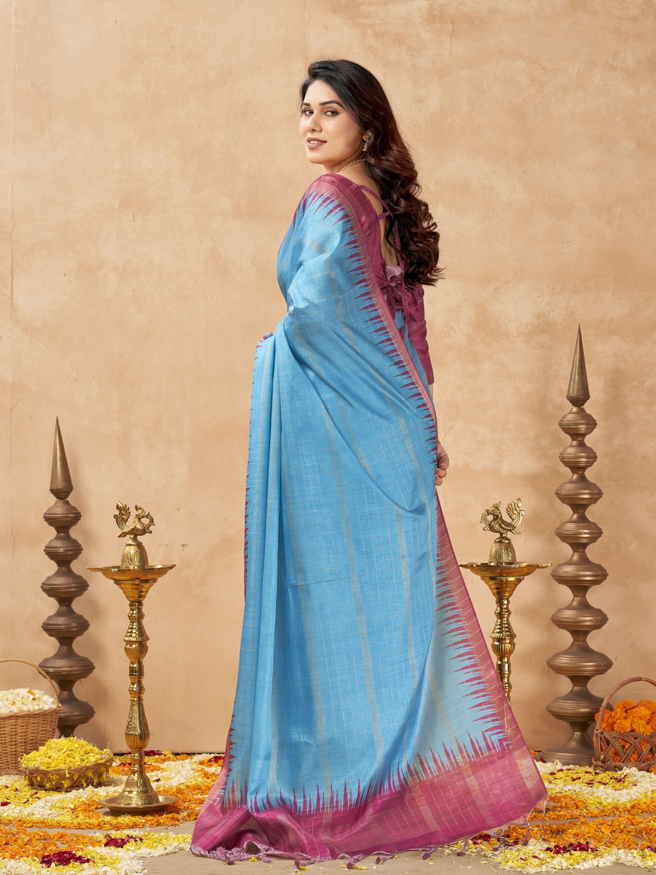 Blue Checked Weaving Zari Tussar Silk Saree — alternate view