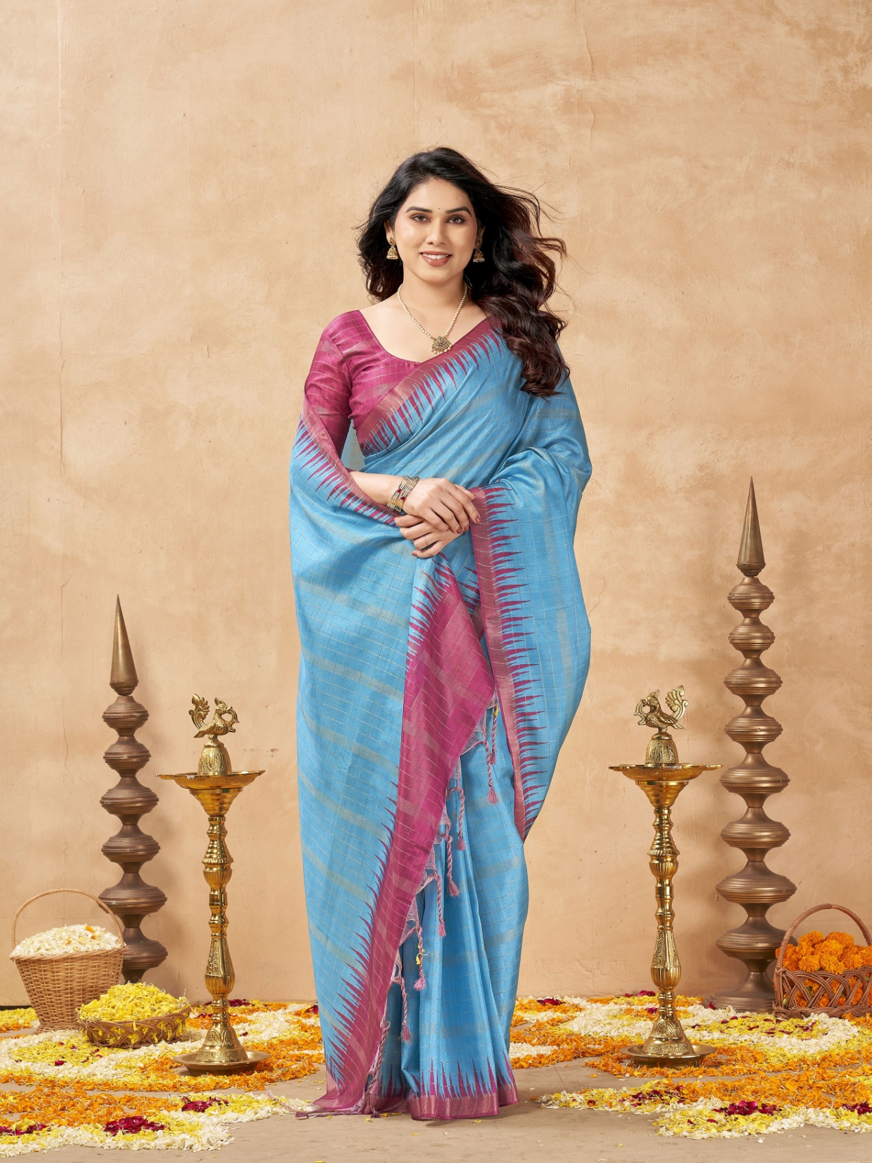 Blue Checked Weaving Zari Tussar Silk Saree