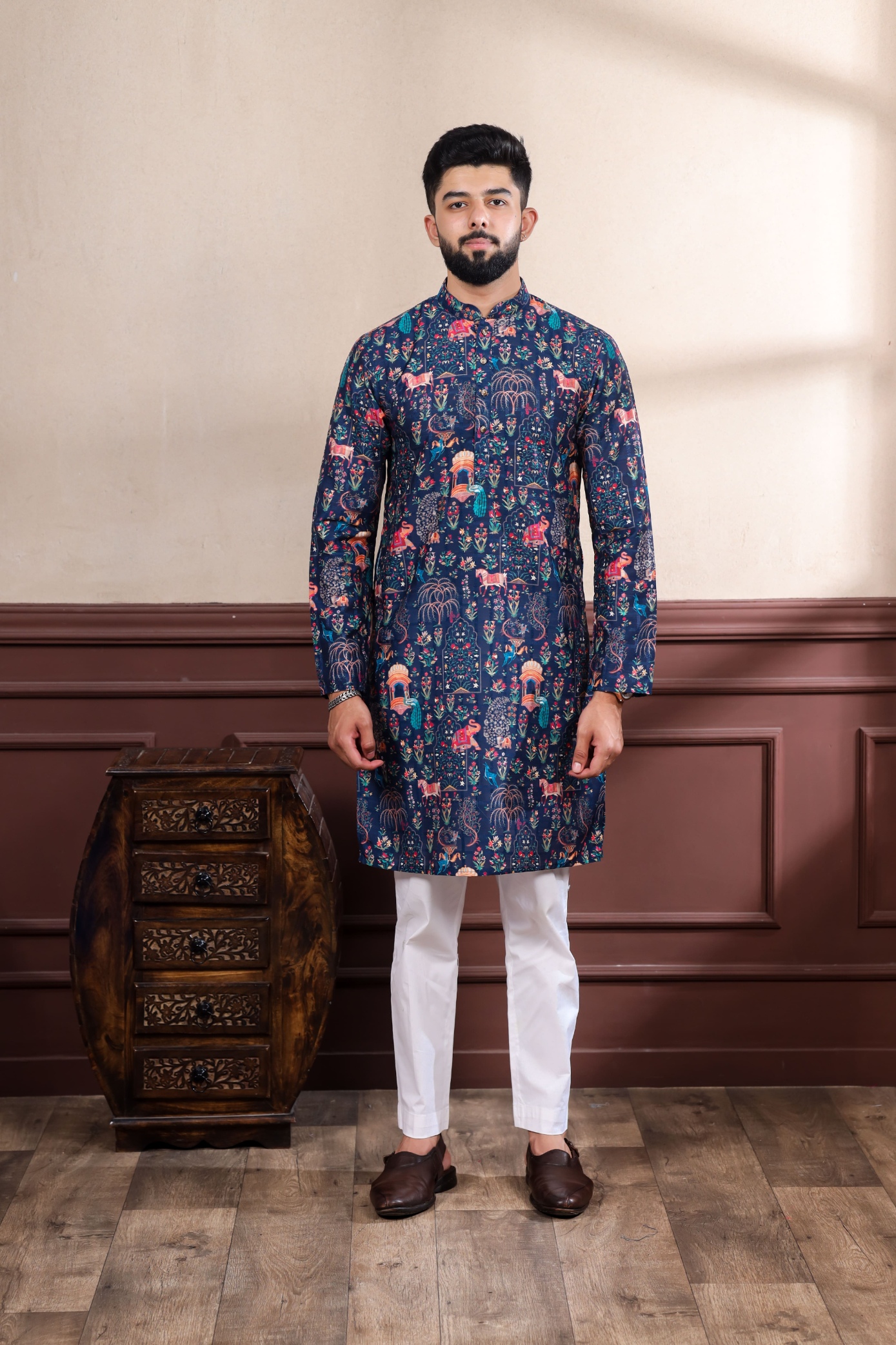 Blue Checks Printed Cotton Kurta Pyjama