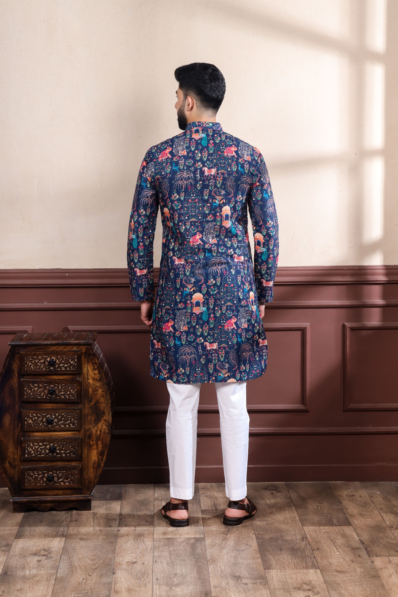 Blue Checks Printed Cotton Kurta Pyjama — alternate view