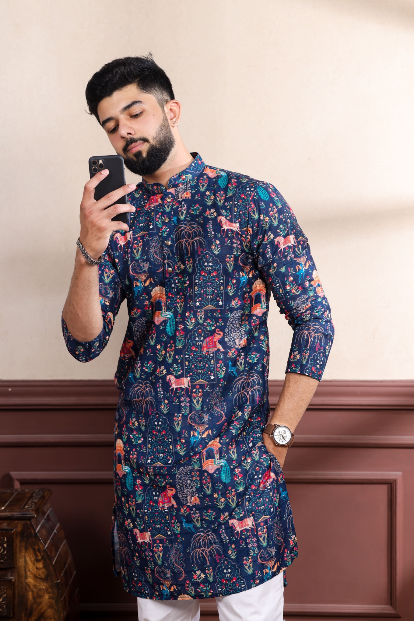 Blue Checks Printed Cotton Kurta Pyjama