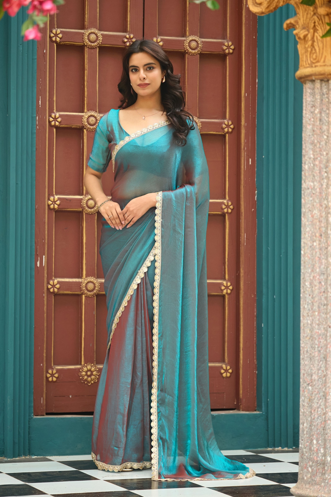 Blue Chiffon Lace Border Ready To Wear Saree