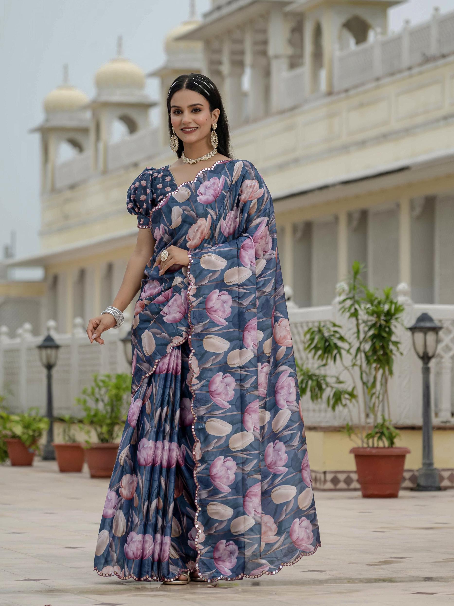 Blue Chinnon Ready To Wear Saree