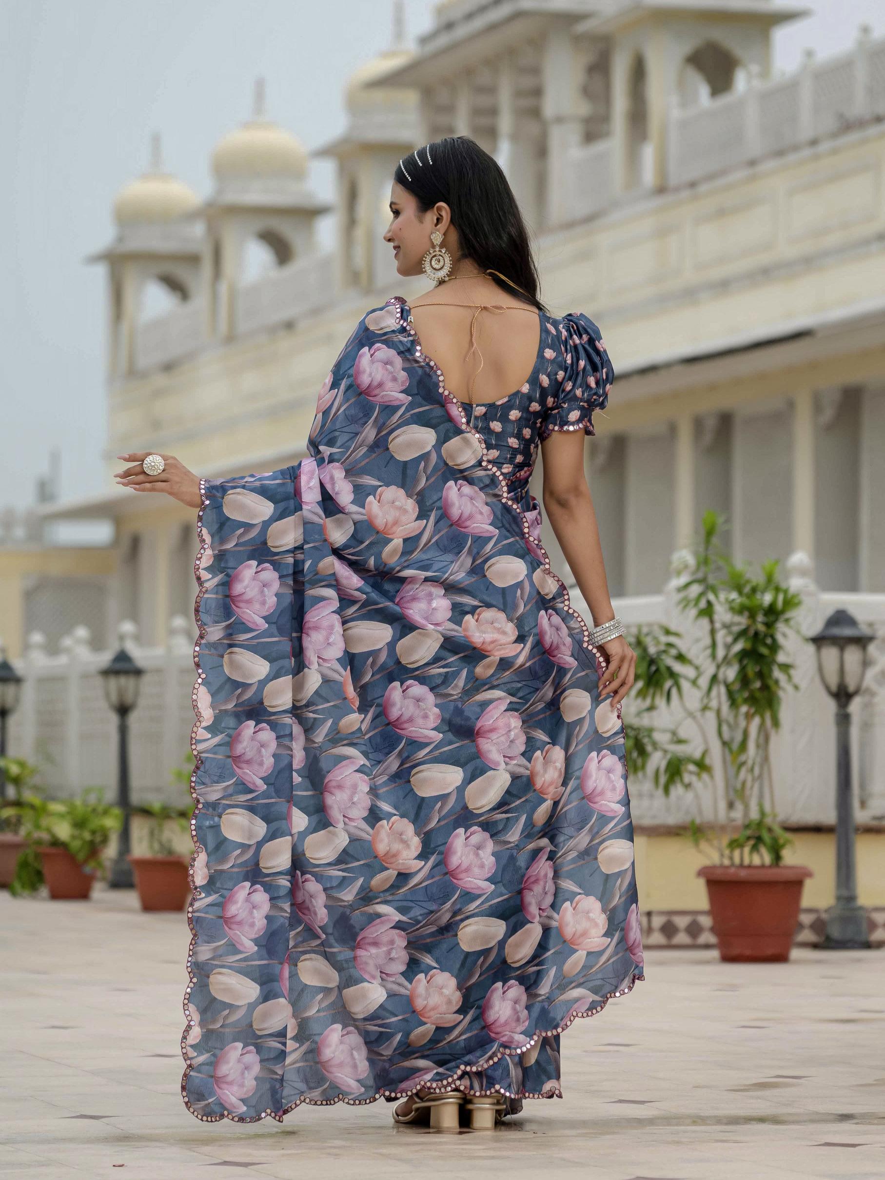 Blue Chinnon Ready To Wear Saree — alternate view