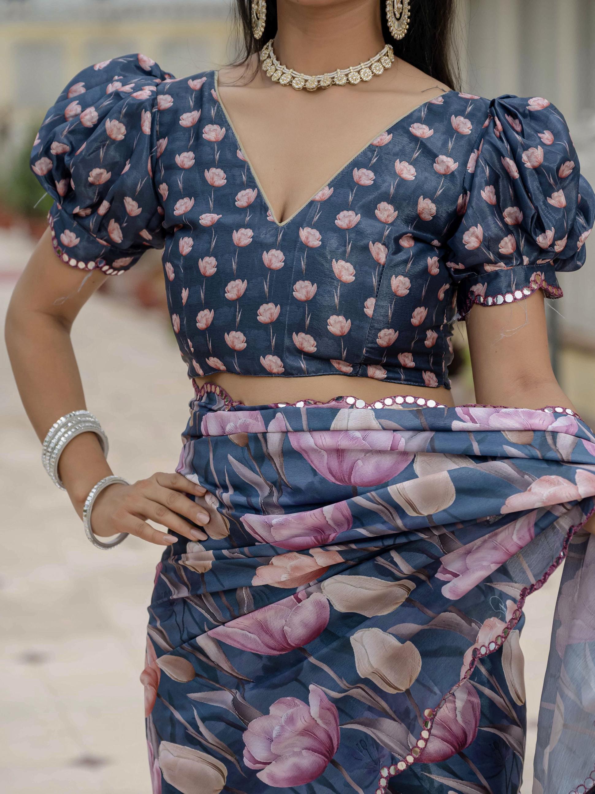 Blue Chinnon Ready To Wear Saree
