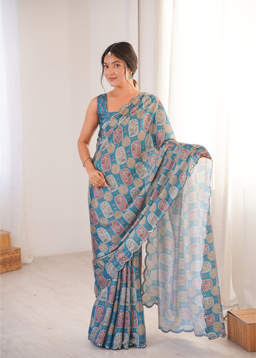 Blue Chinon Digital Printed Mirror Work Saree