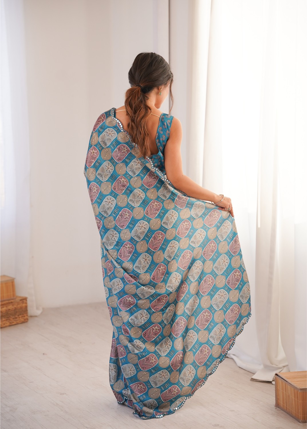 Blue Chinon Digital Printed Mirror Work Saree — alternate view