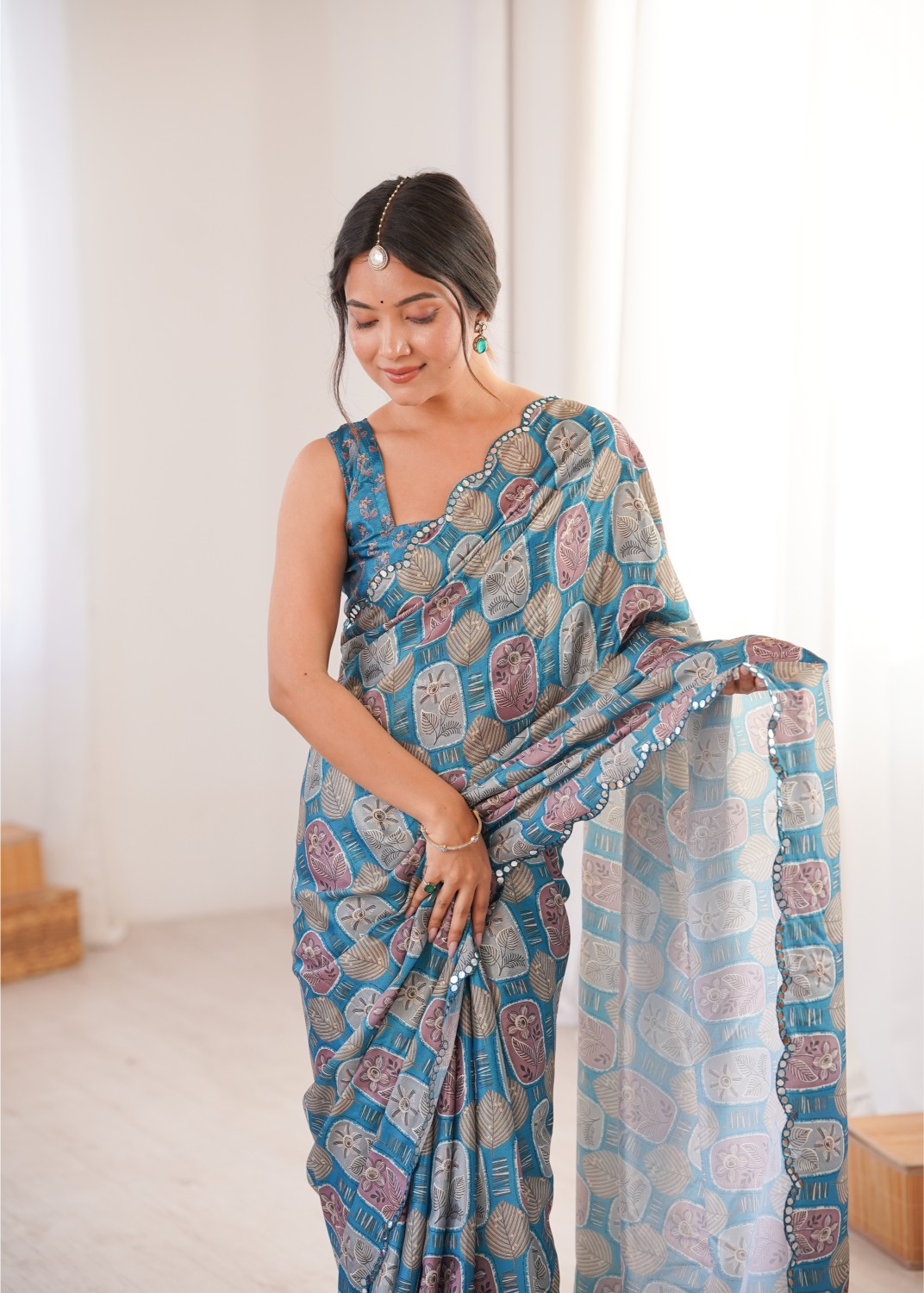 Blue Chinon Digital Printed Mirror Work Saree